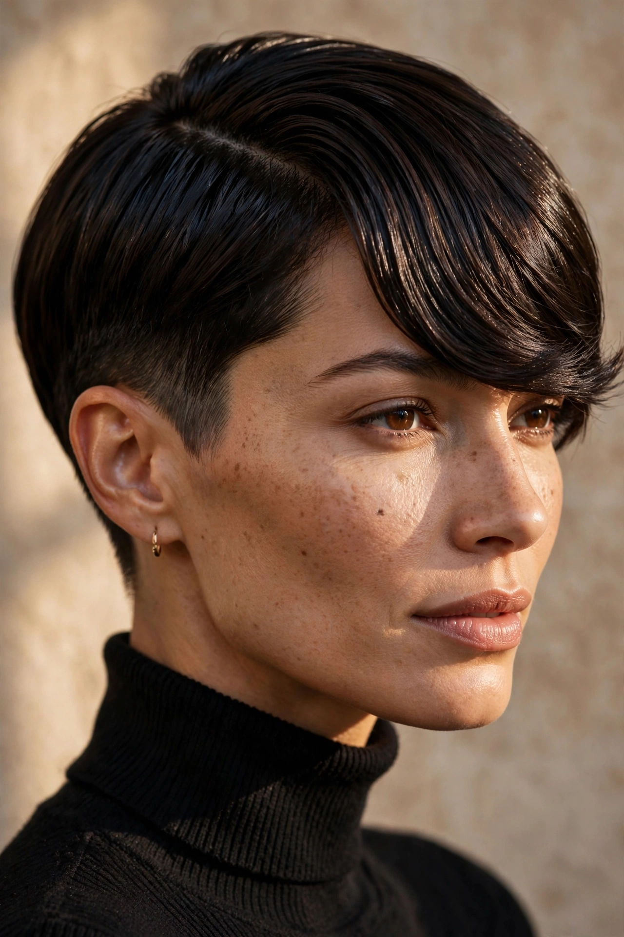Pixie with deep side part and swept fringe