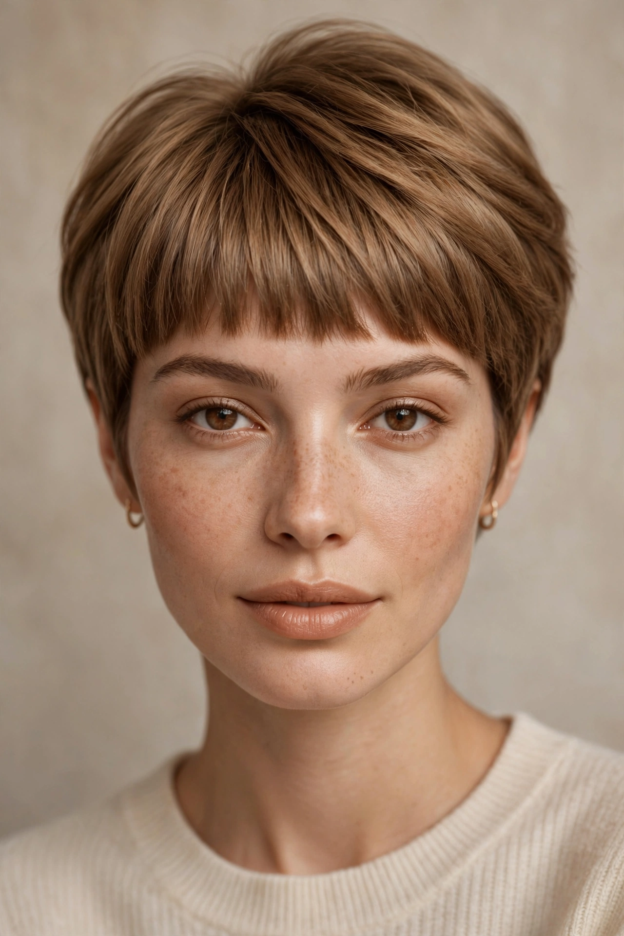 Blunt fringe pixie for an oval face shape