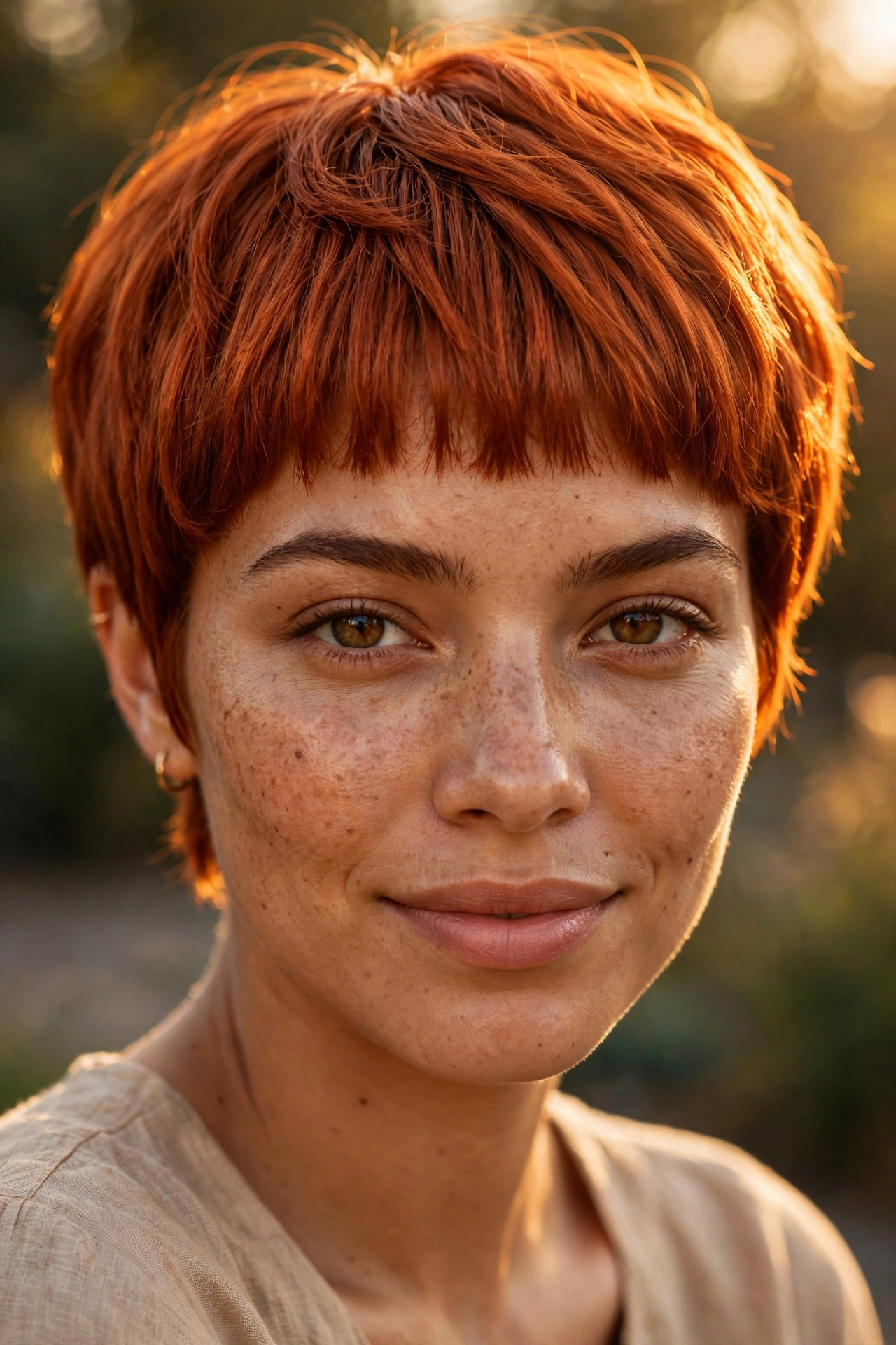 Auburn-red pixie with blunt fringe