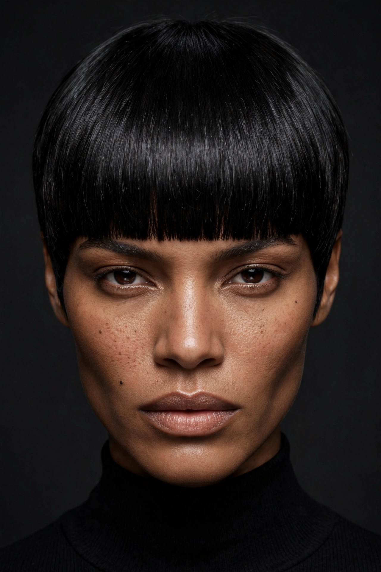 Statement bold centre-bang pixie with full-coverage fringe on jet-black hair