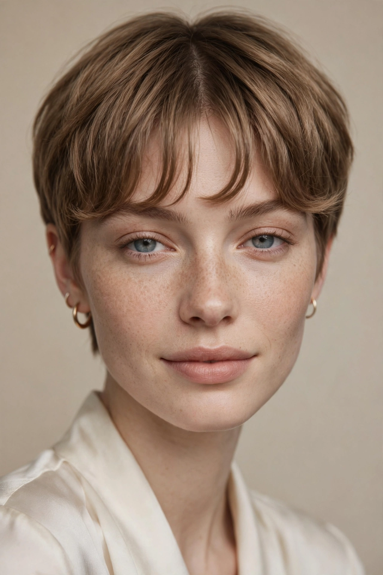 Feminine pixie cut with centre-parted curtain fringe at brow level