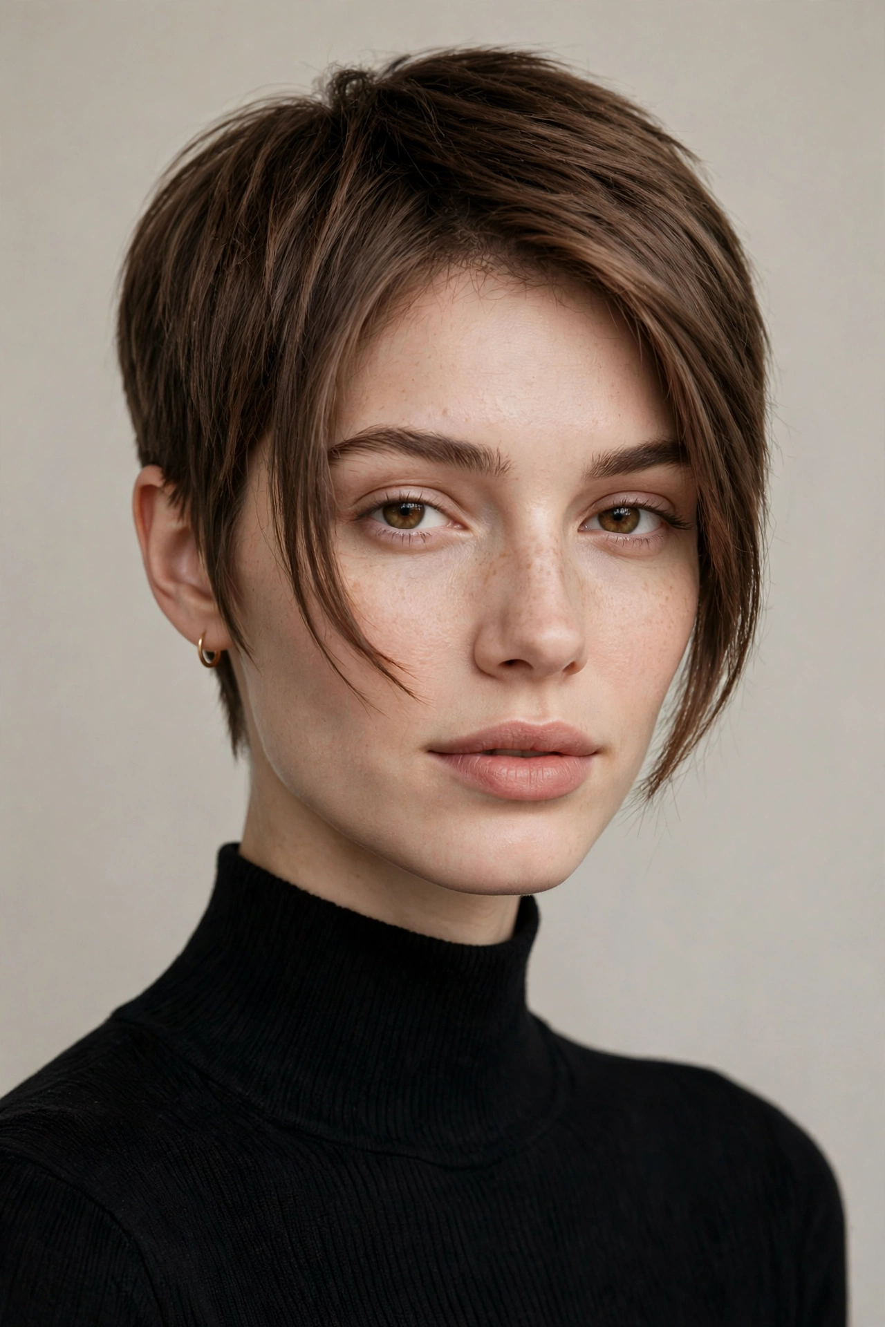 Feminine pixie cut with longer face-framing pieces at cheekbones