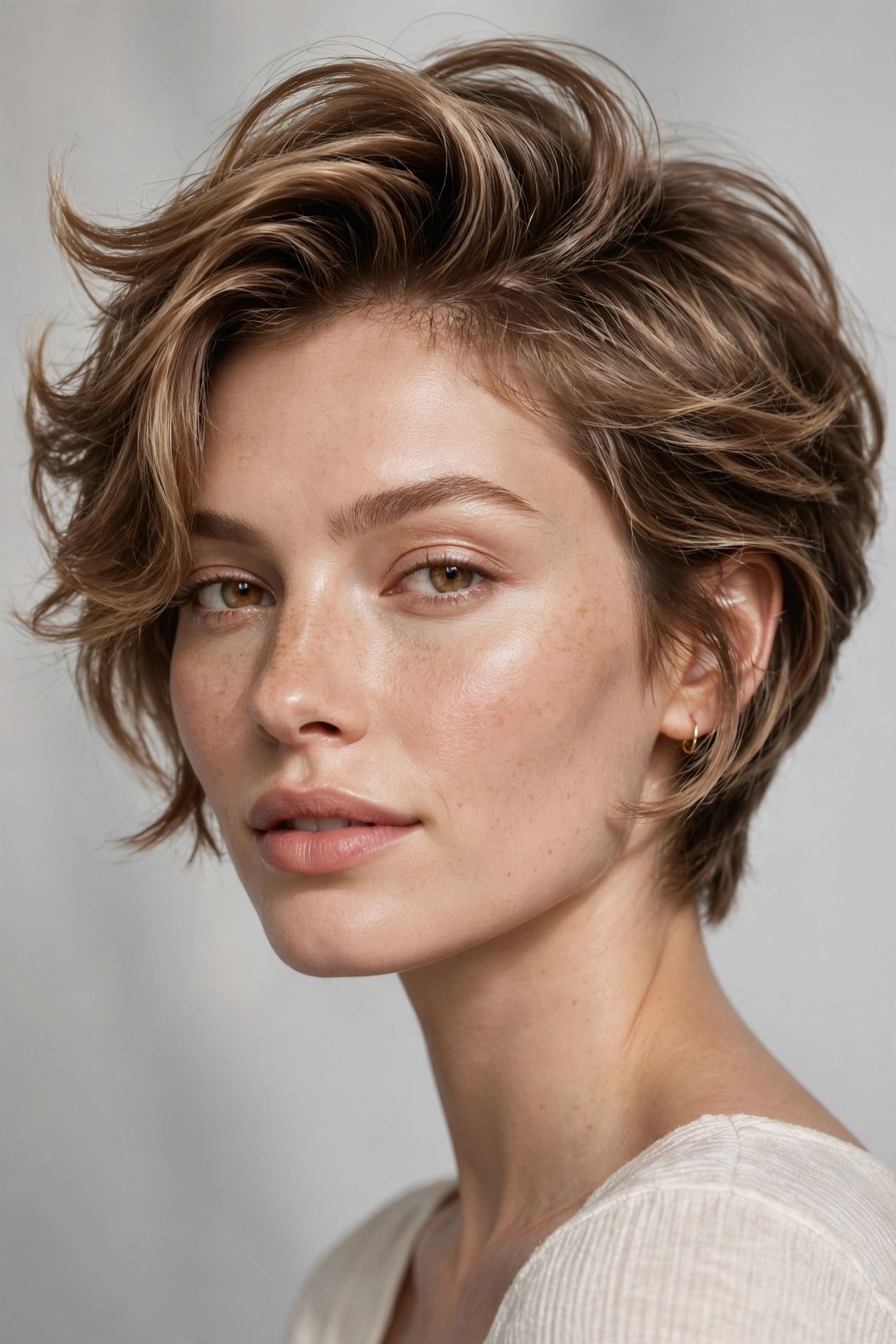 Feminine pixie cut styled with round brush blow-dry volume