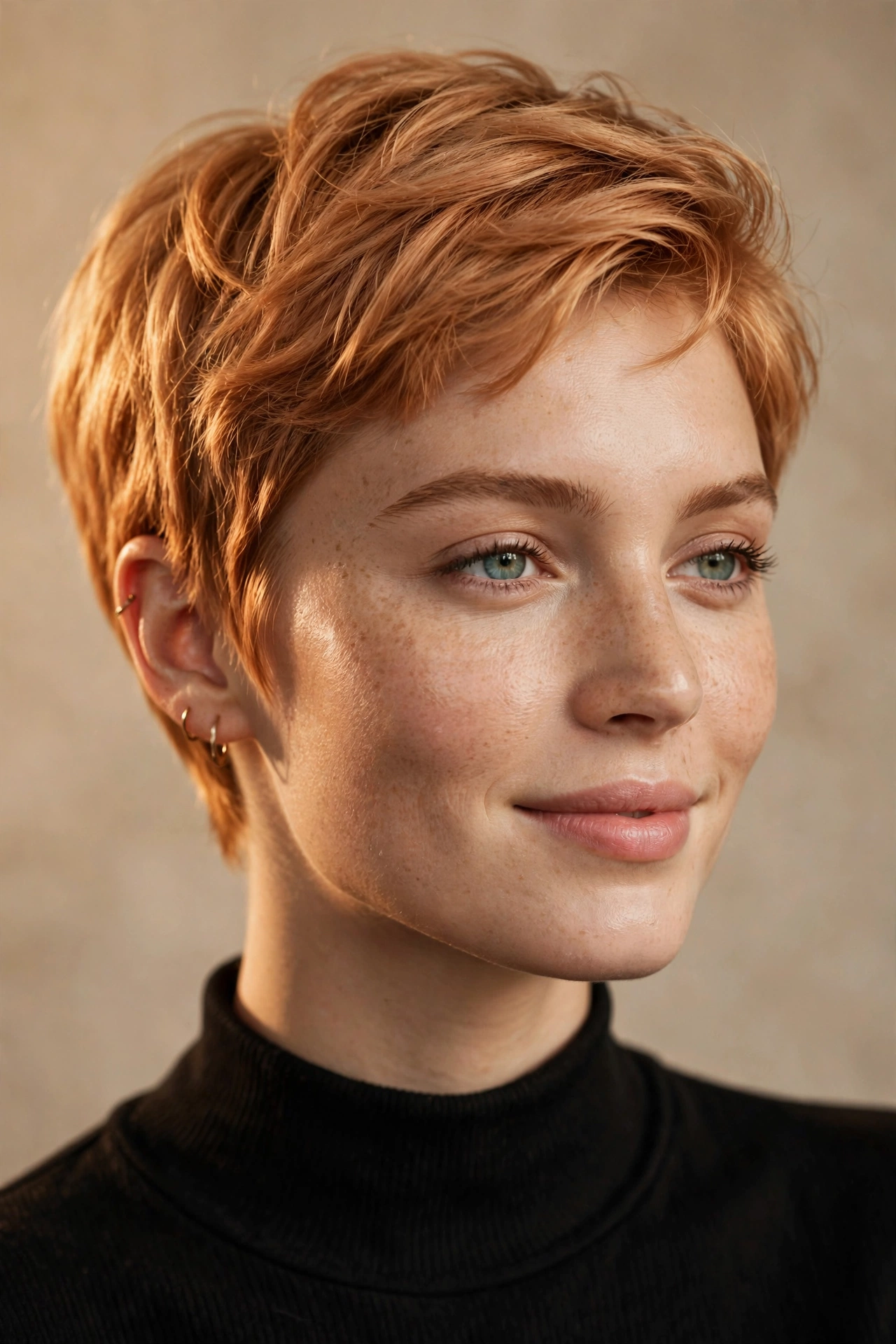 Feminine pixie cut in warm copper blonde colour