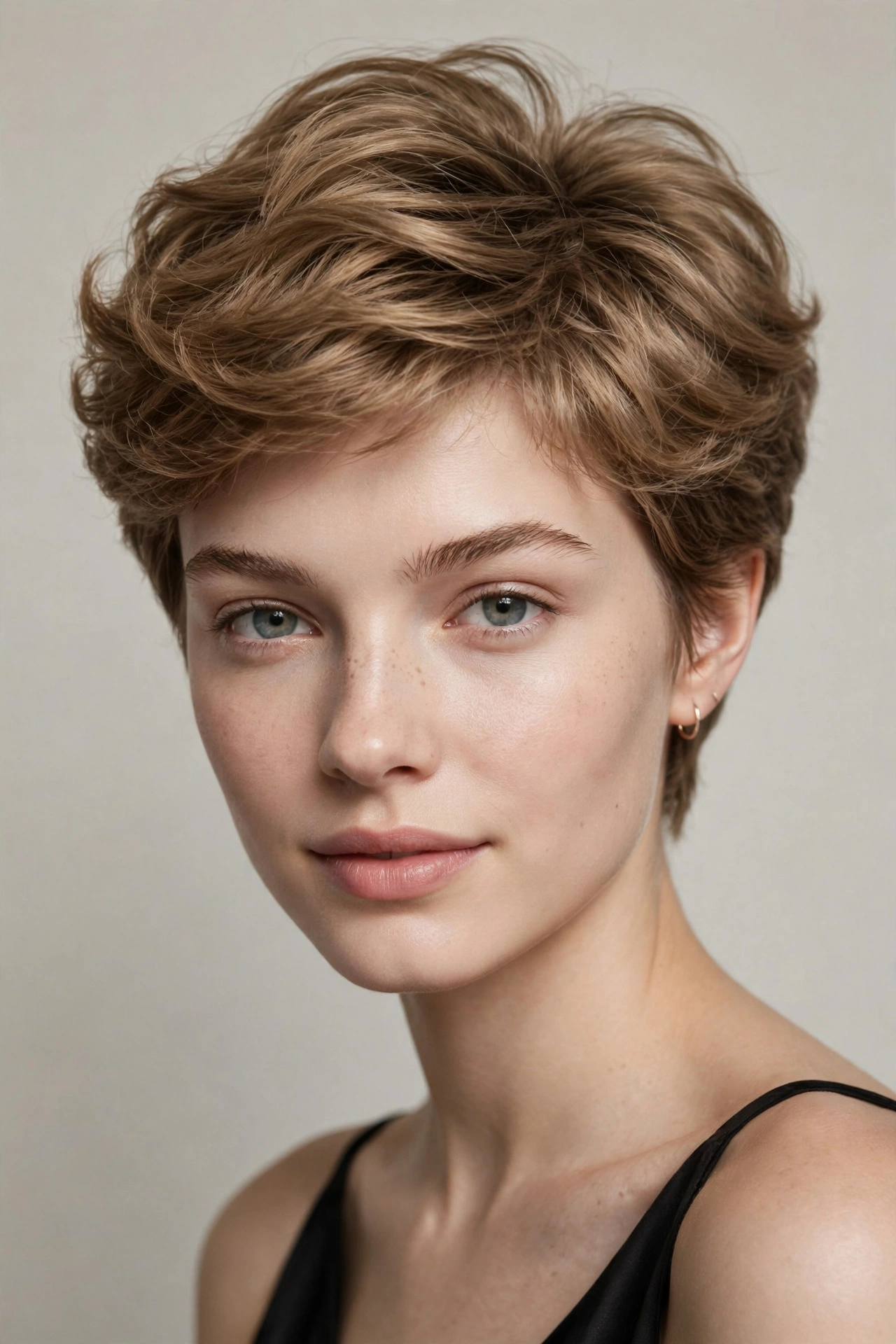 Feminine pixie cut with internal layers creating crown volume