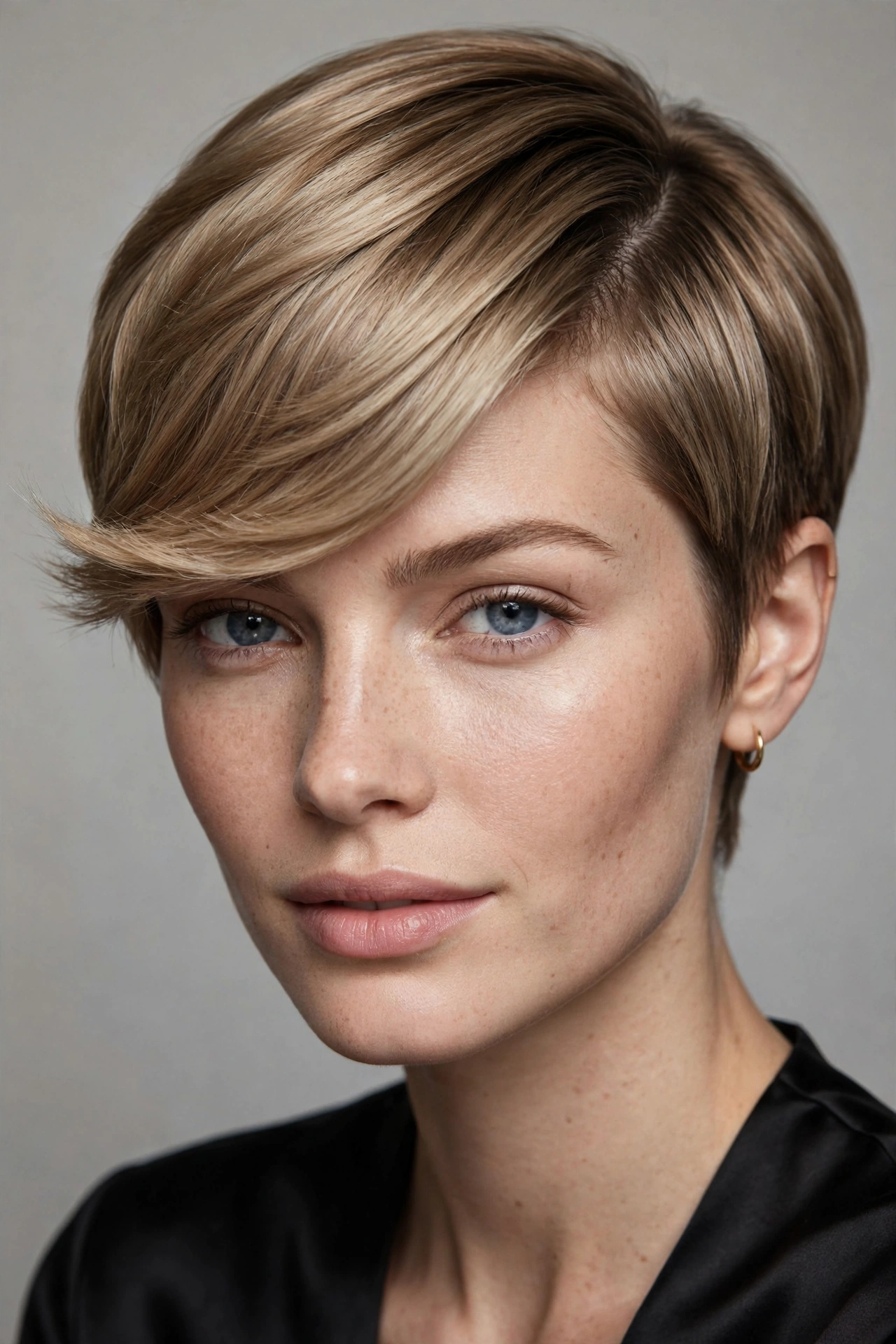 Feminine pixie cut with deep side part and directional sweep