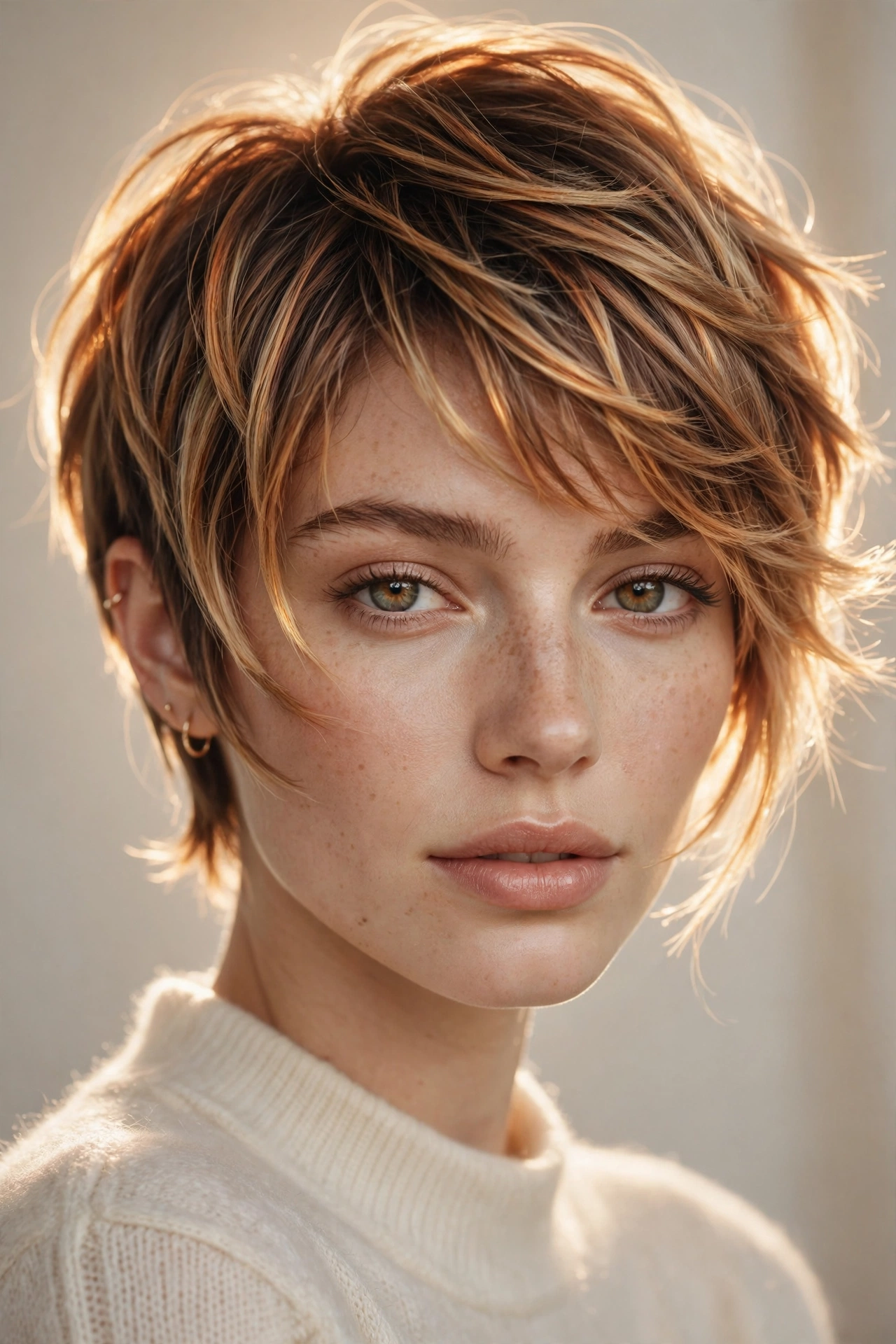Feminine pixie cut with balayage highlights at crown