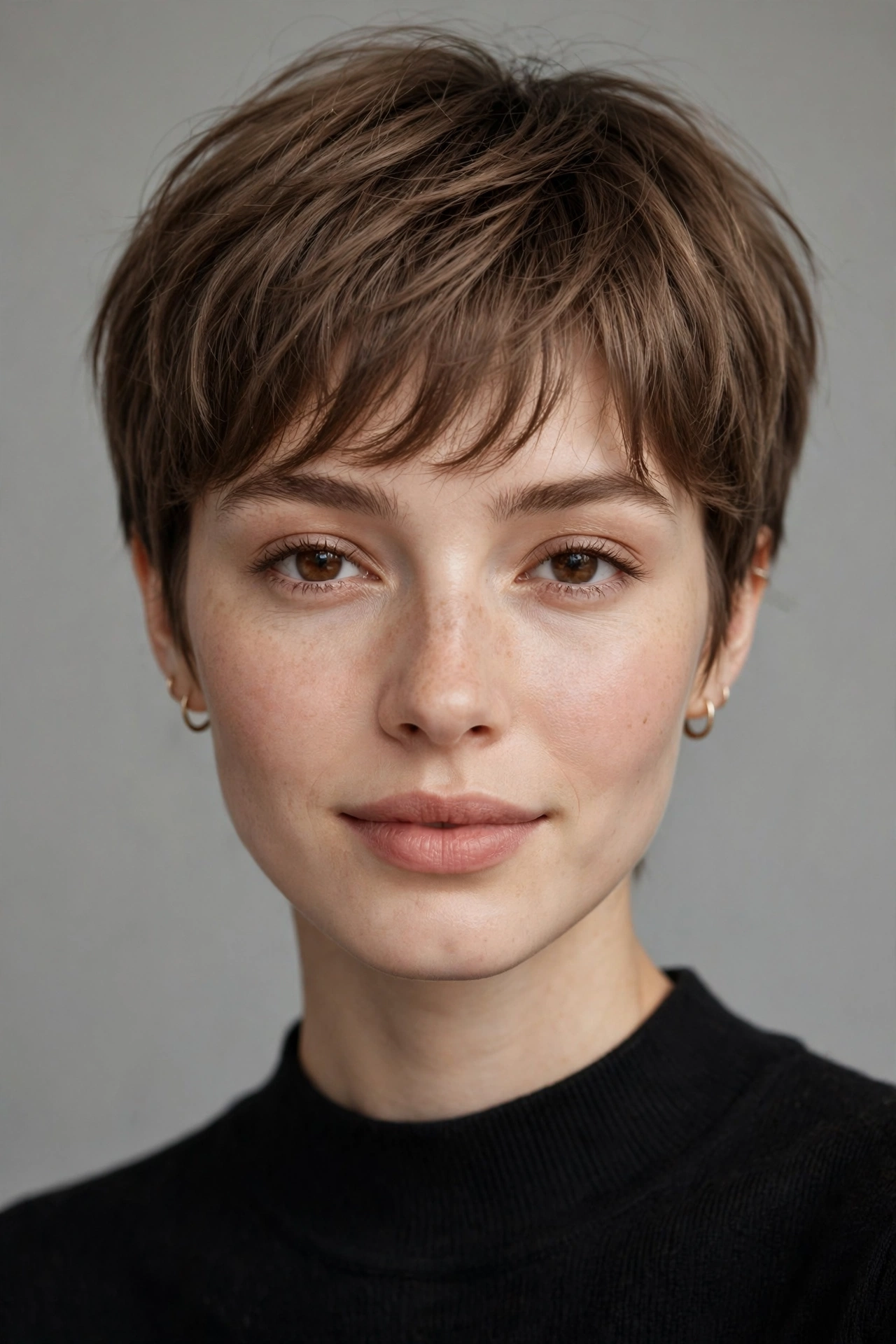 Feminine pixie cut with longer fringe grazing the brow