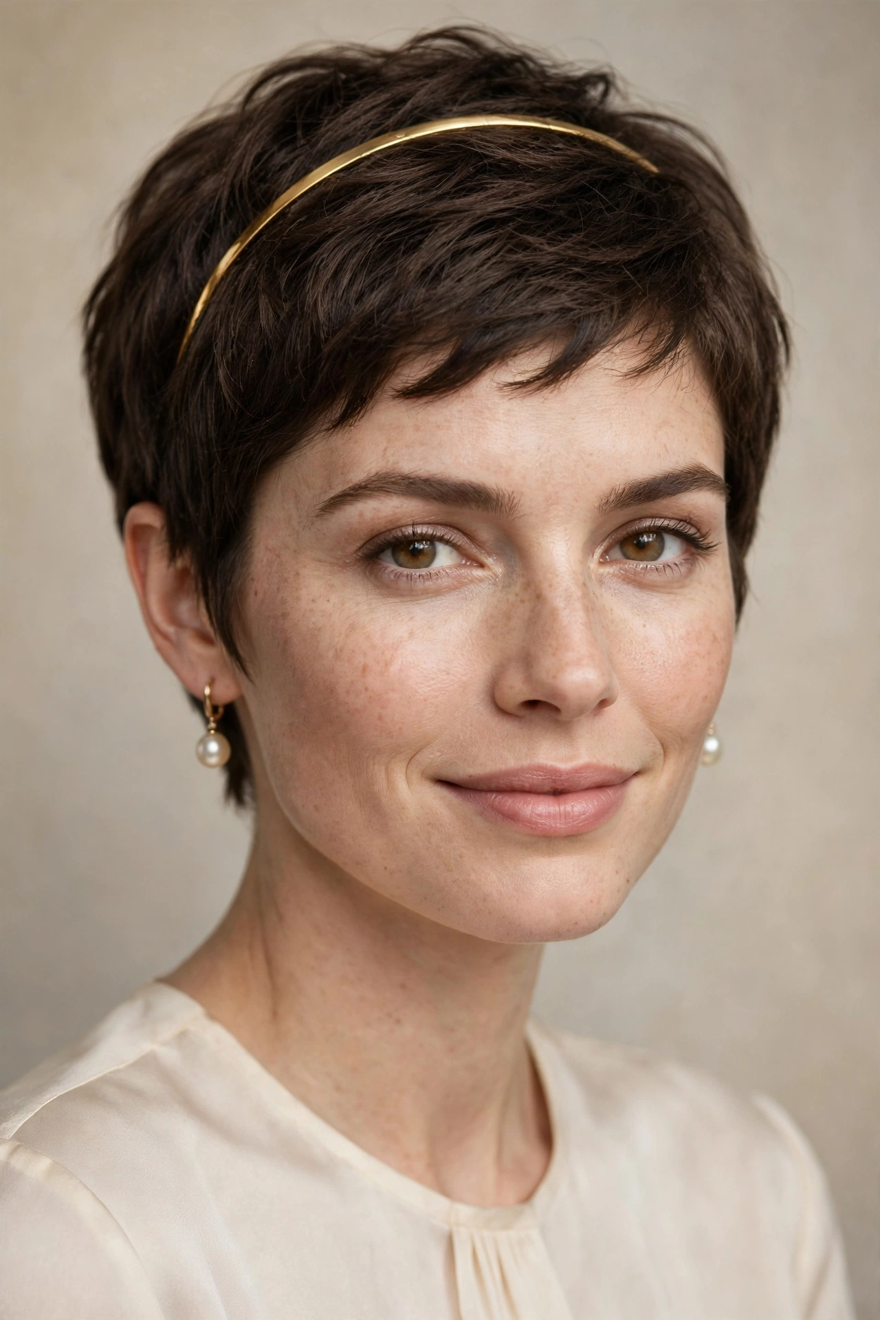 Feminine pixie cut with thin gold headband
