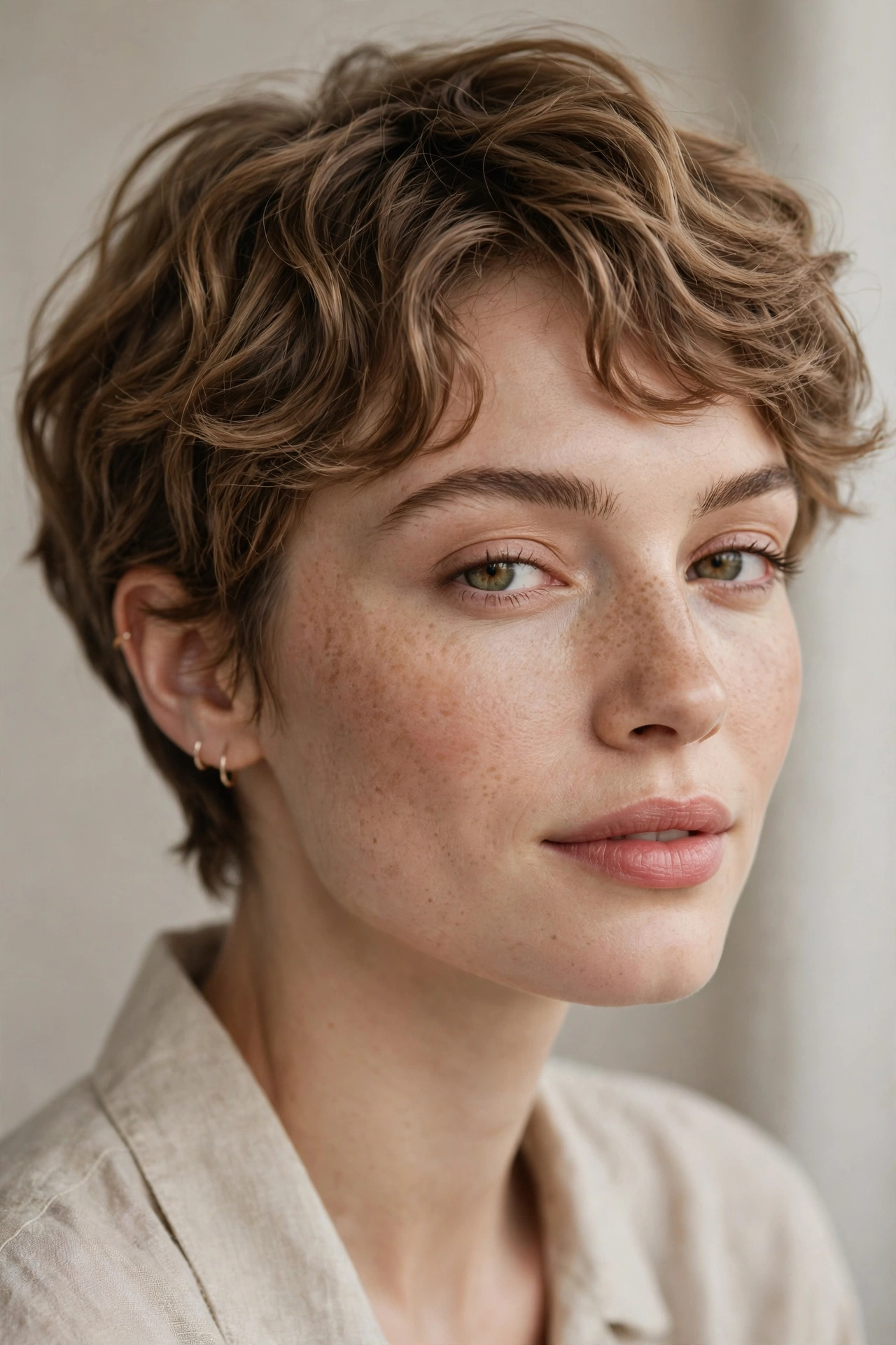 Feminine pixie cut dried with diffuser, soft natural texture