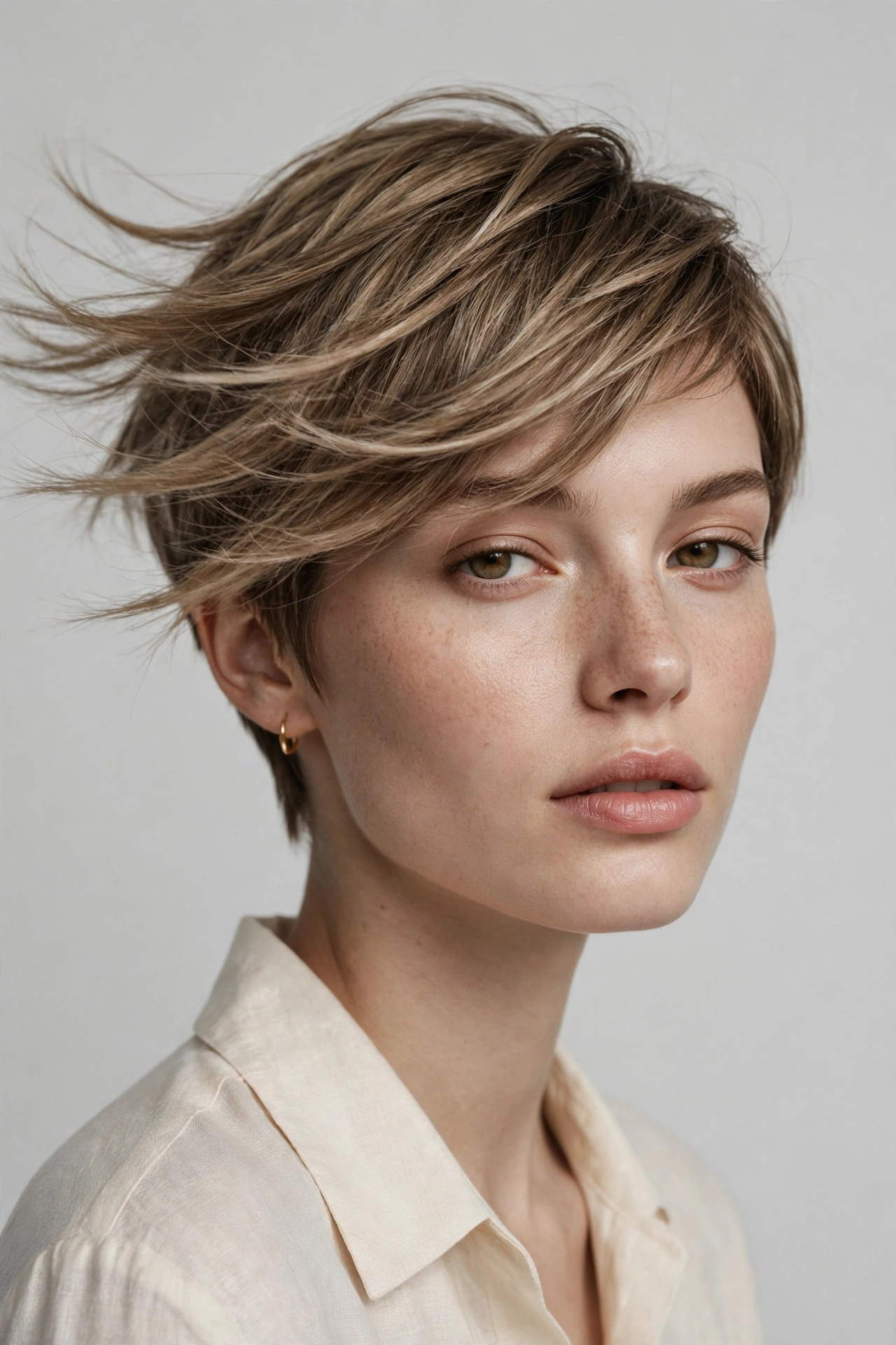 Feminine pixie cut with diagonal sweeping fringe