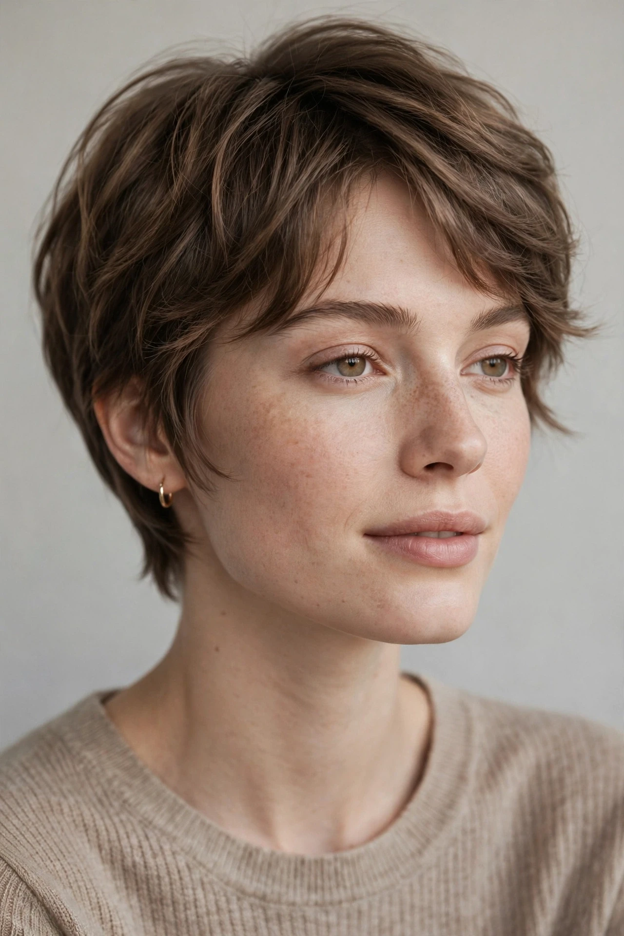 Feminine pixie cut with longer layers at the temples