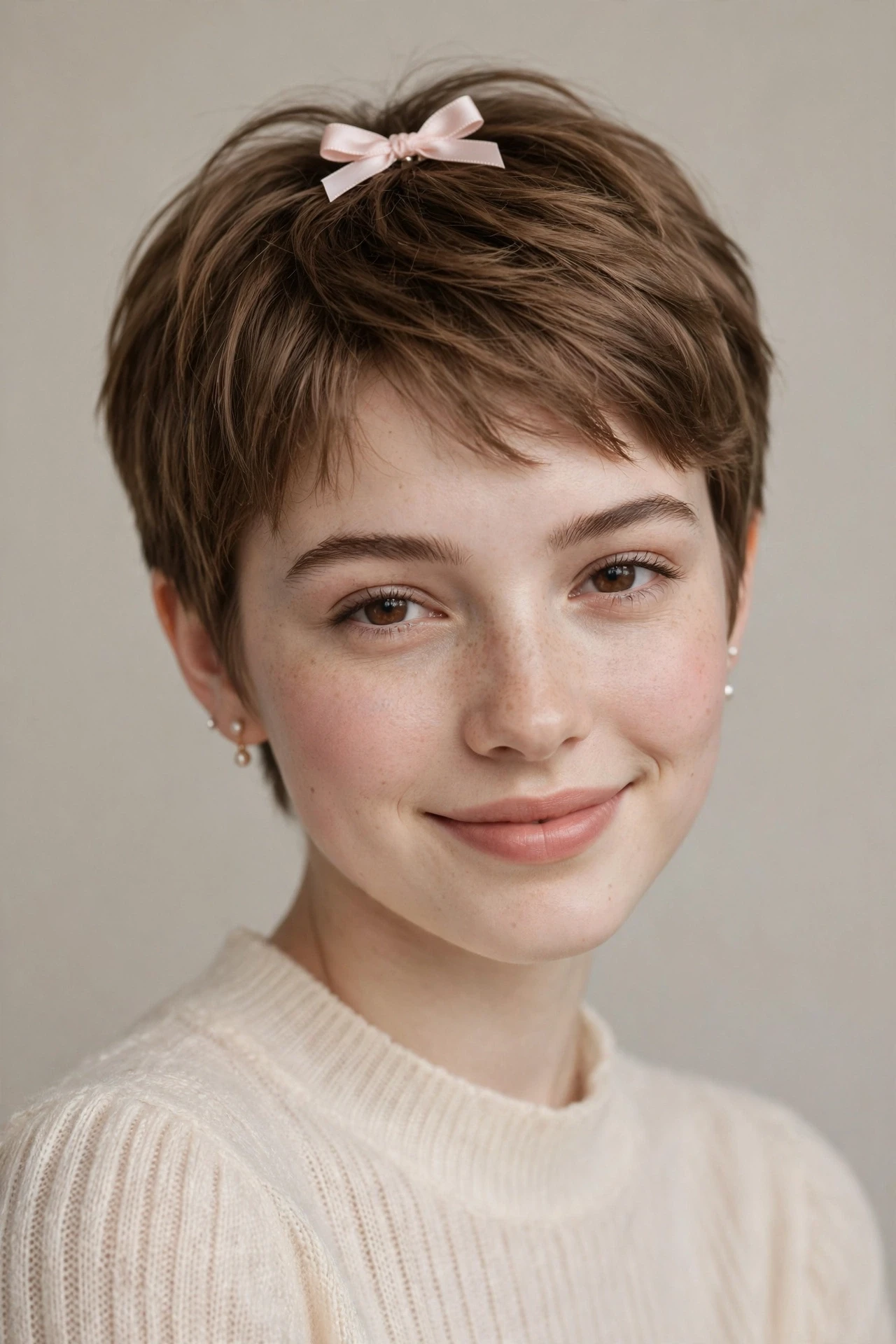 Feminine pixie cut with small bow hair pin at crown