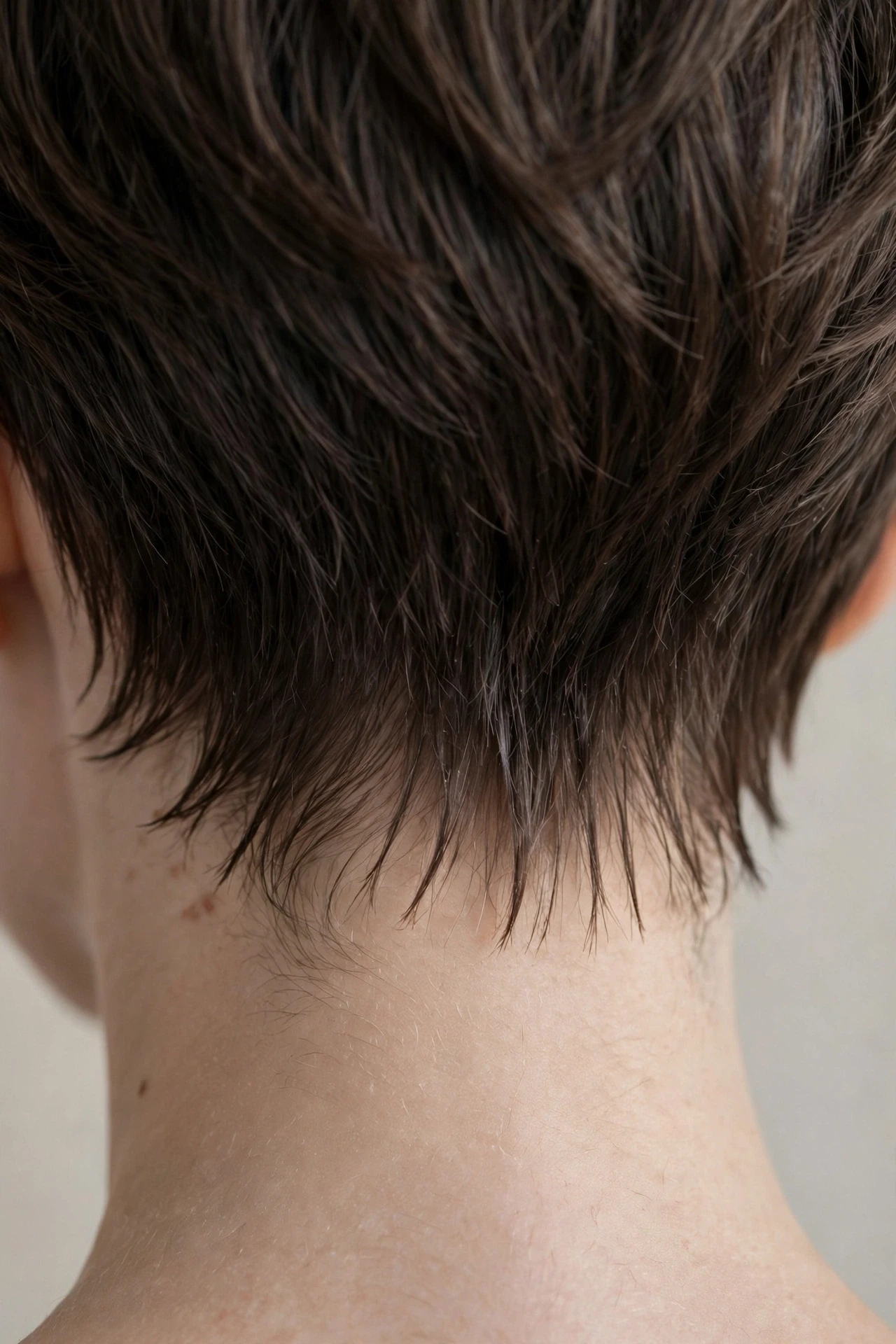 Feminine pixie cut with razor-finished wispy nape