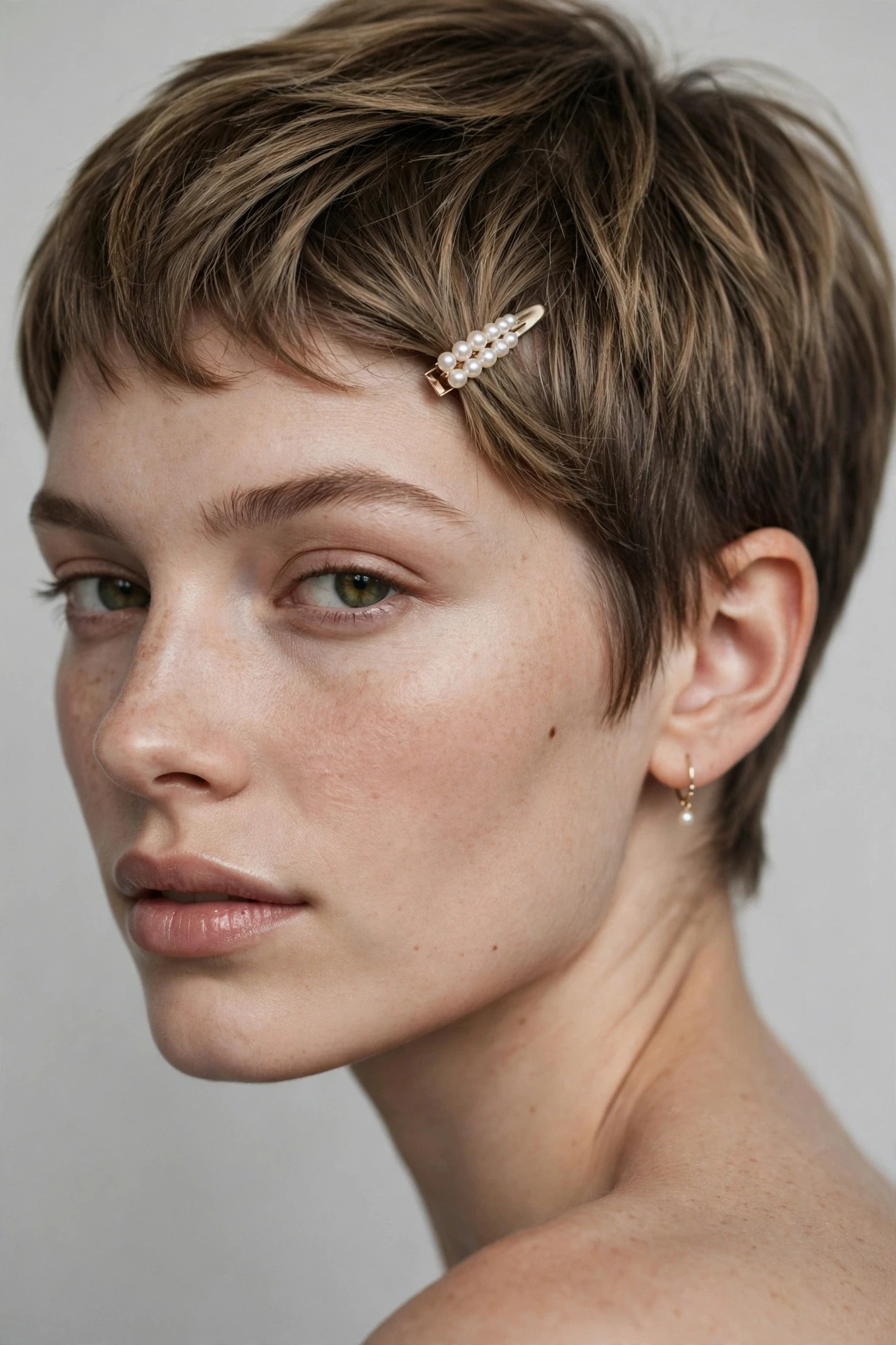Feminine pixie cut with pearl hair cuff on face-framing piece
