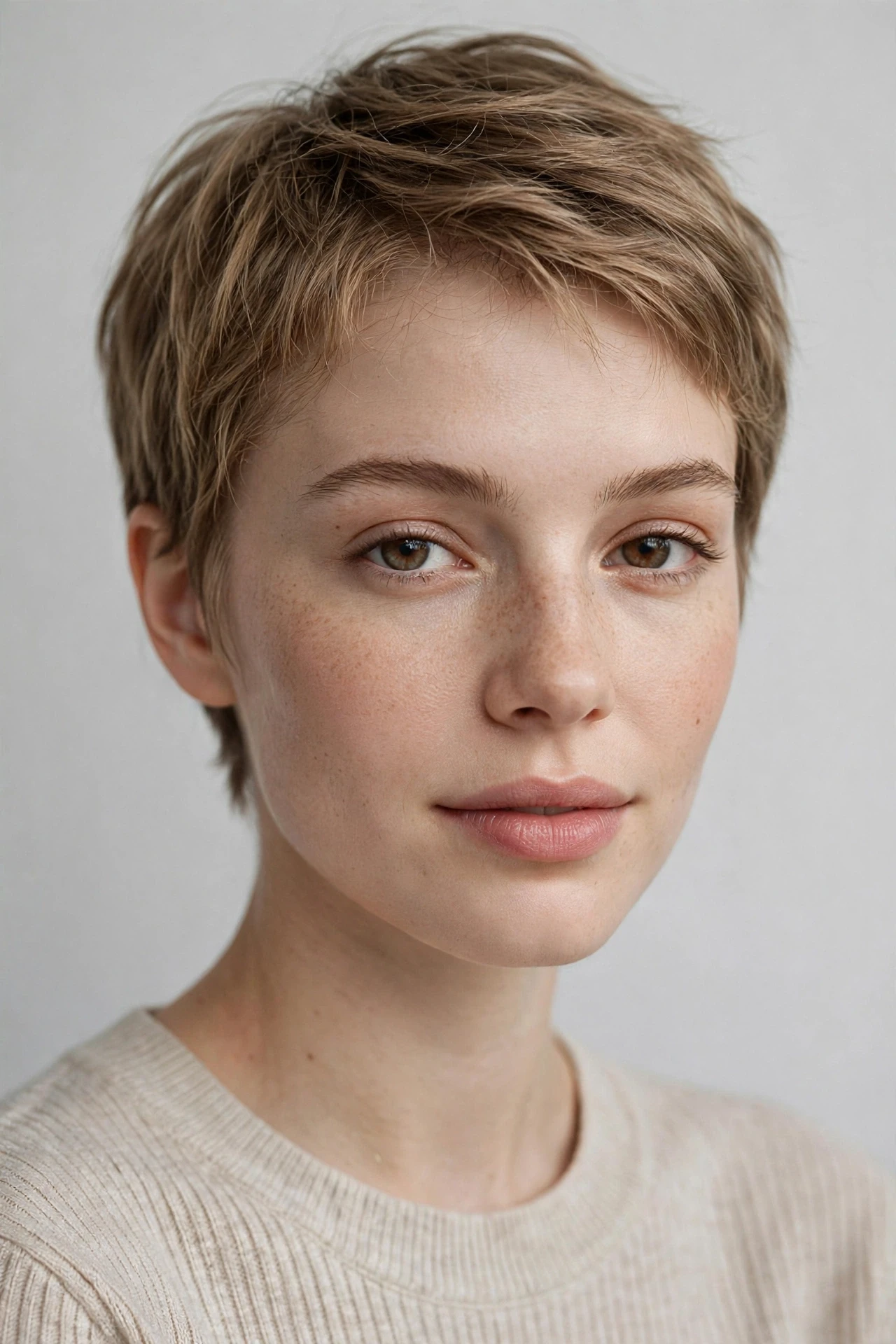 Feminine pixie cut with soft natural forehead hairline