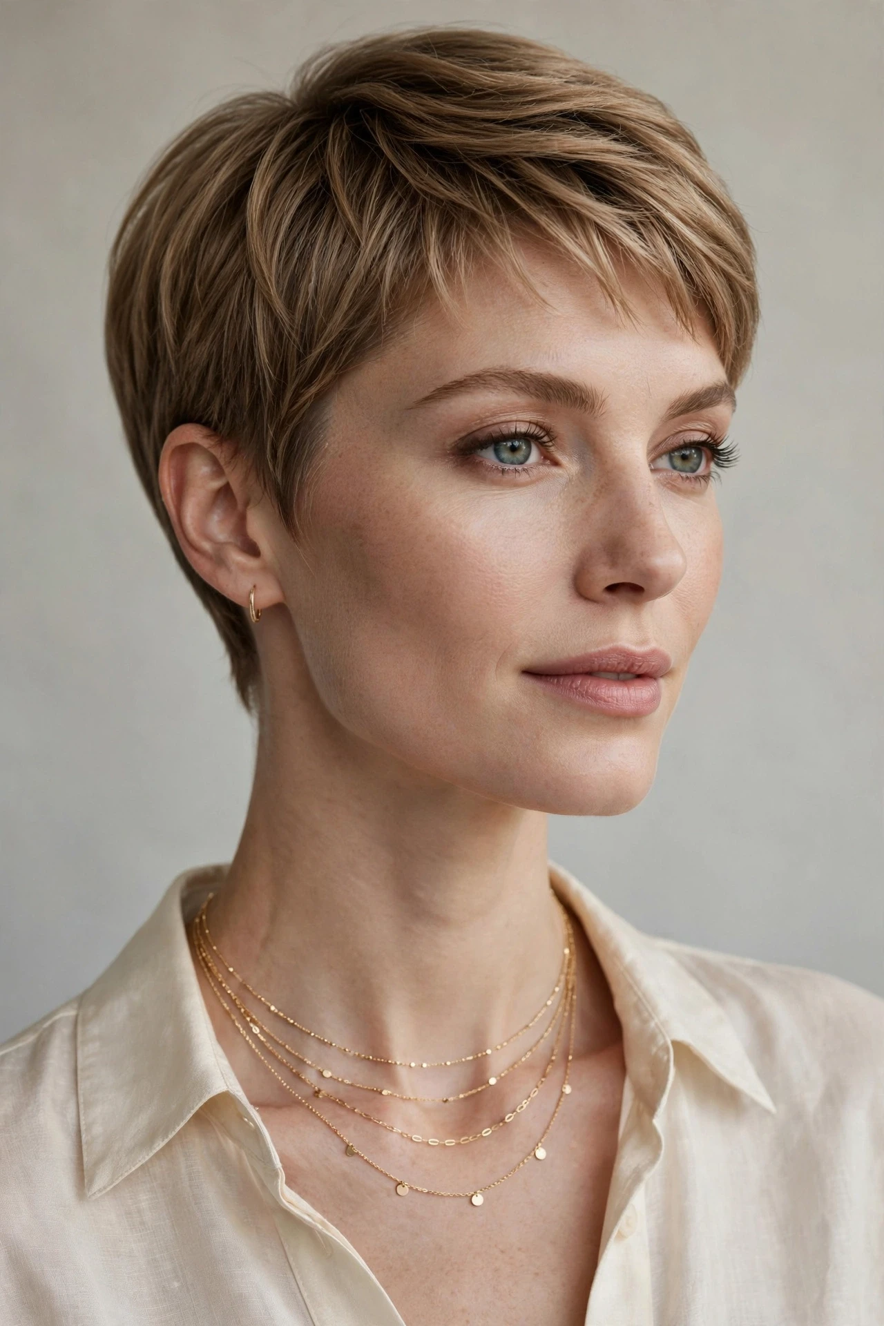 Feminine pixie cut with layered delicate gold necklaces