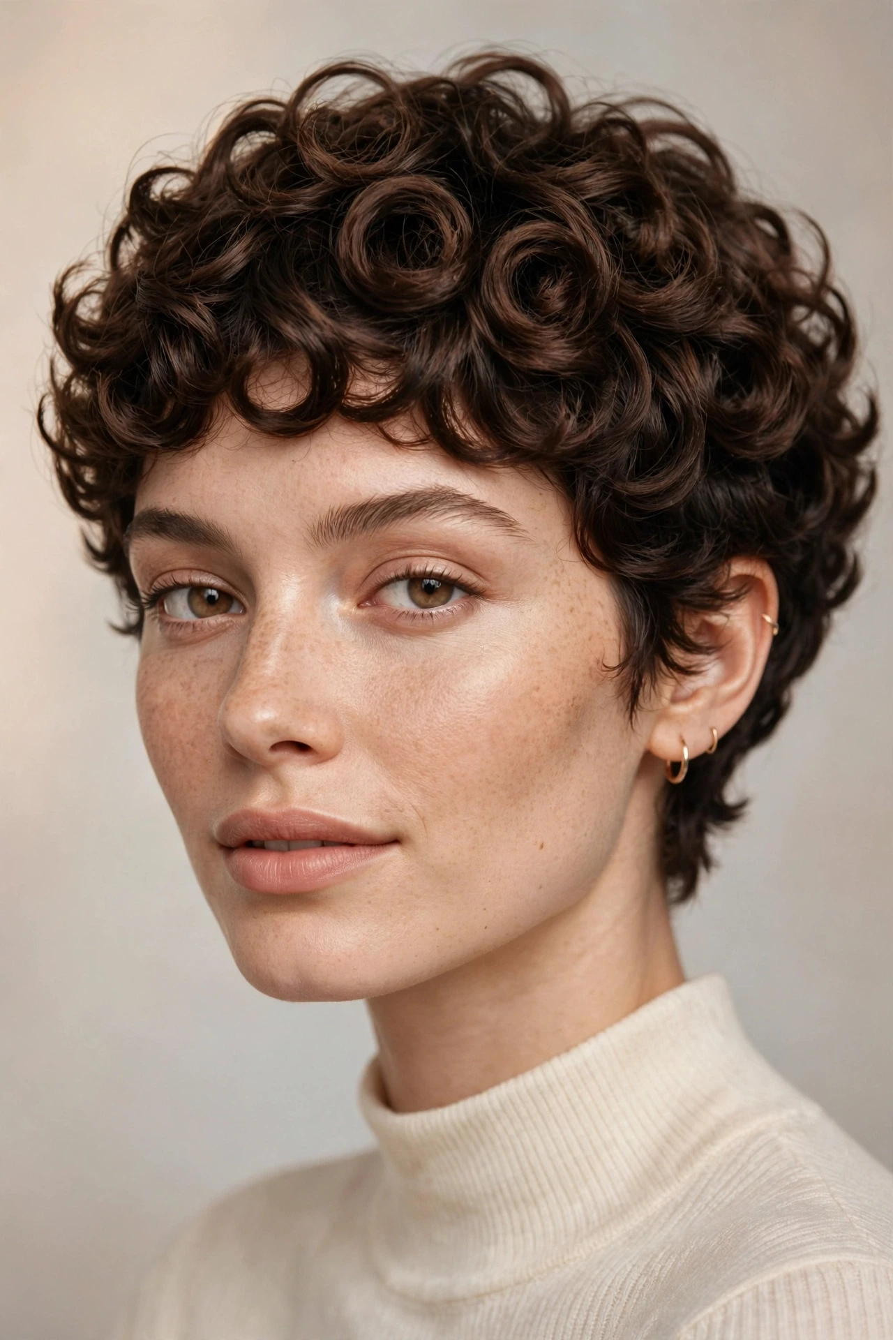 Feminine curly pixie cut shaped by curl specialist
