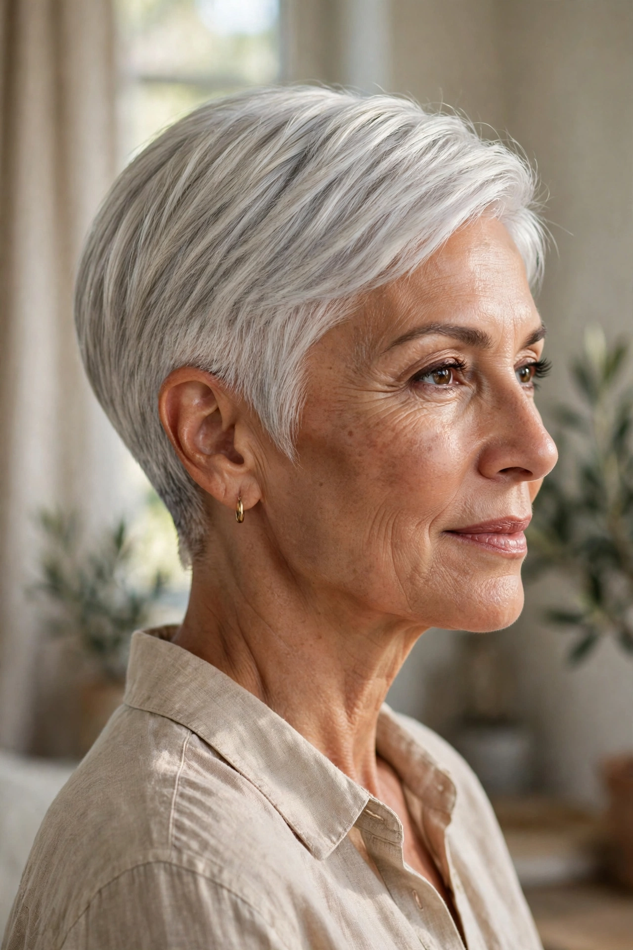 Soft silver taper pixie on a woman over 50 with natural silver-white hair