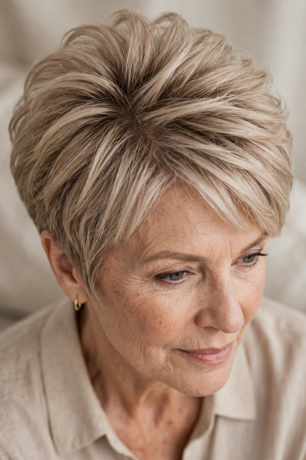 Volumising layered pixie on a woman over 50 with fine ash-blonde hair