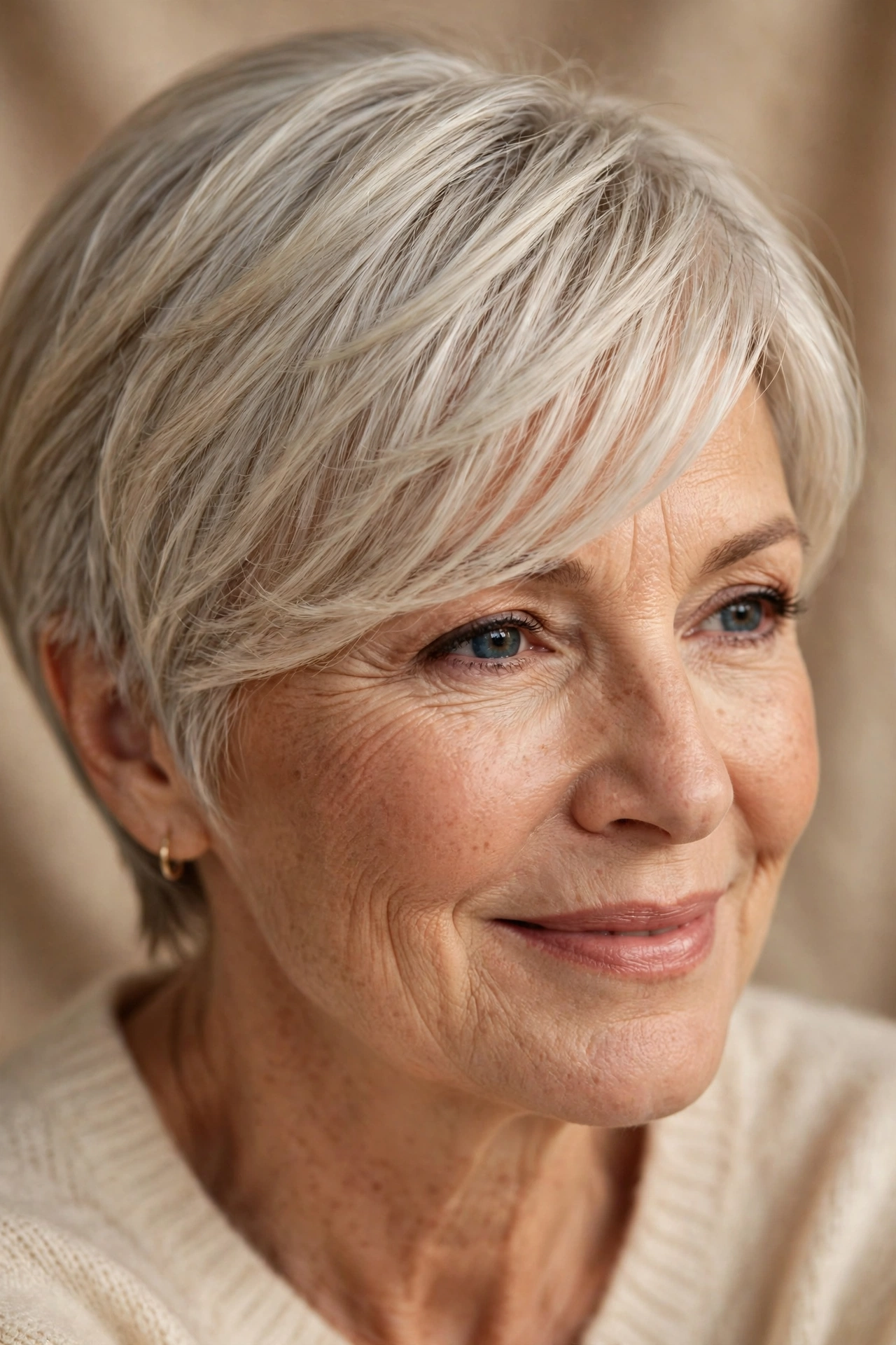 Soft side-swept pixie with fringe on a woman over 50, silver-blonde hair