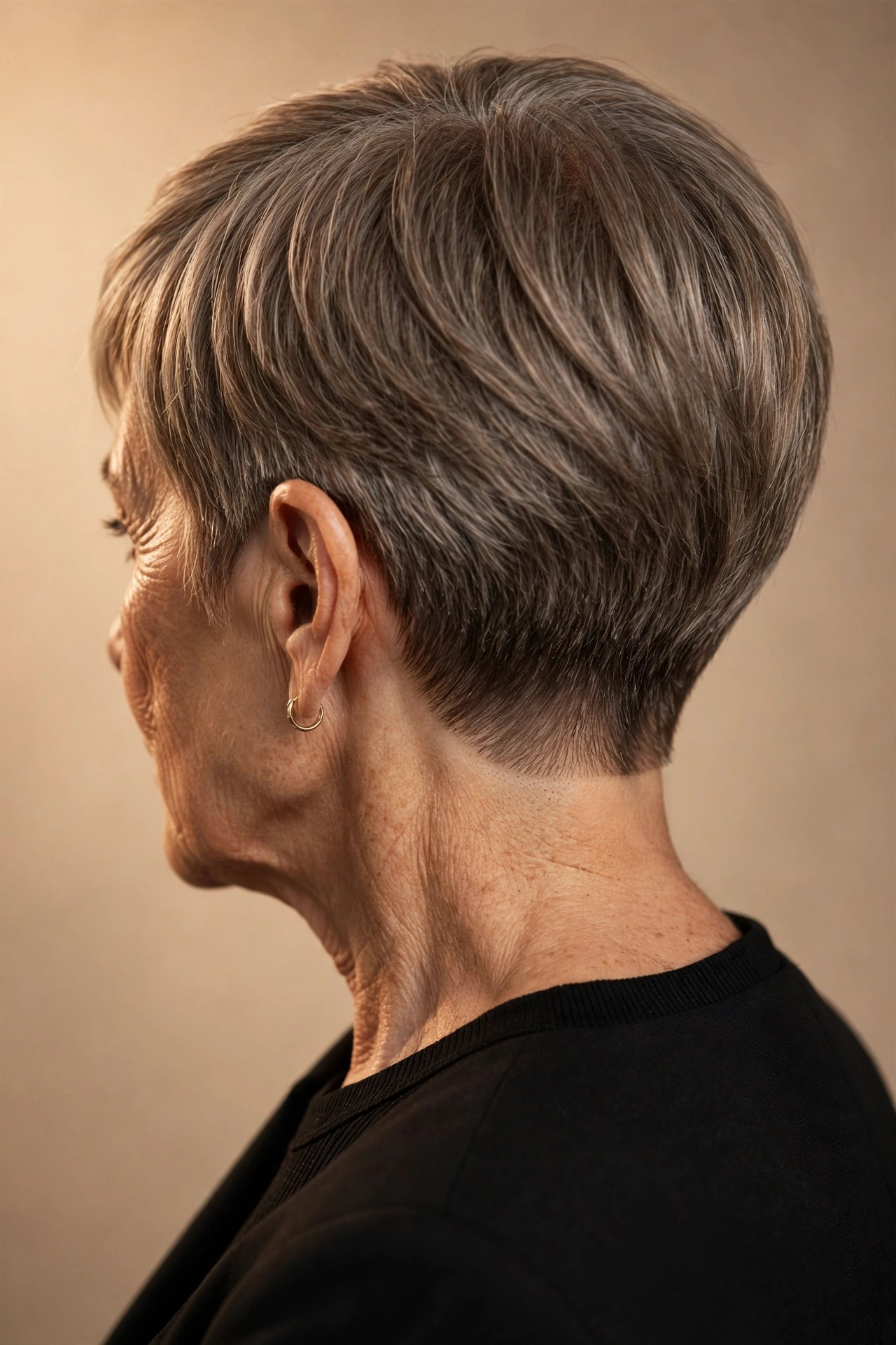 Chic cropped nape pixie on a woman over 50 with grey-brown hair