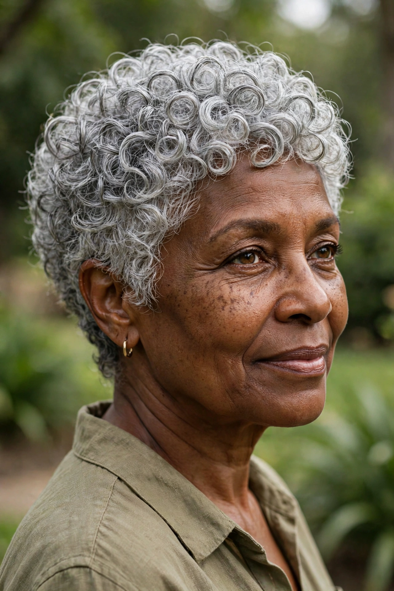 Curly silver pixie crop on a woman over 50 with natural silver curls