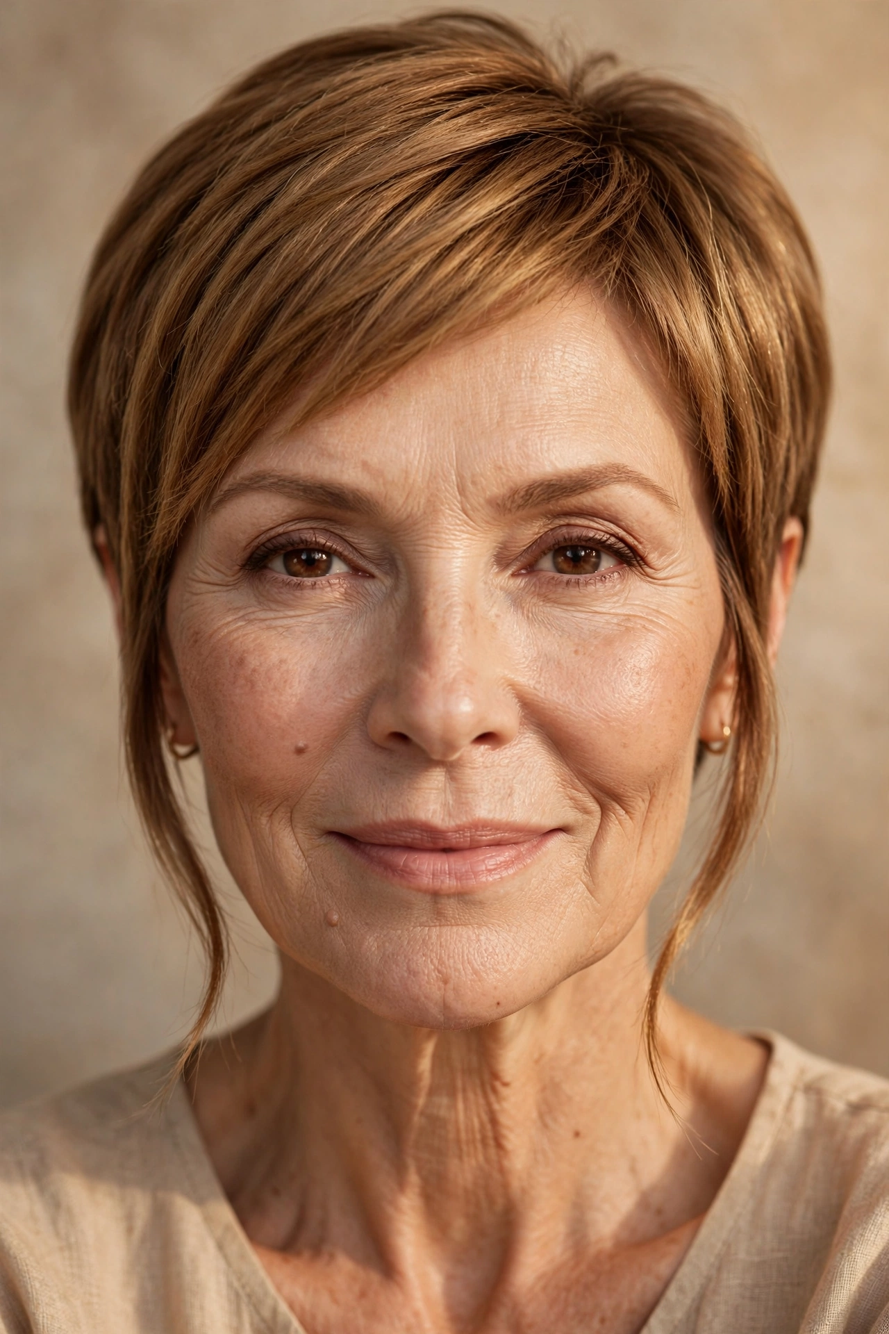 Face-framing pixie on a woman over 50 with a heart face shape