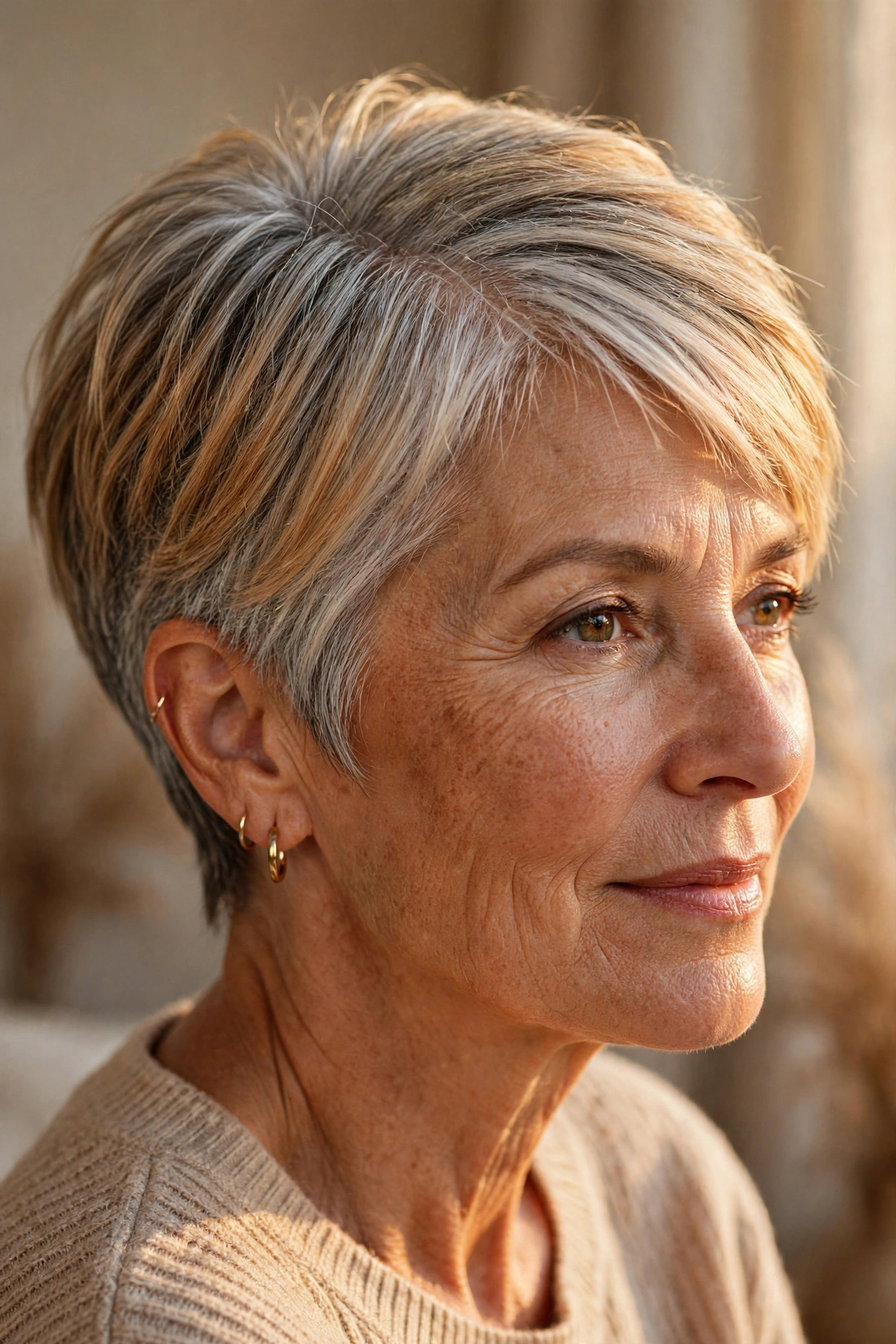 Balayage pixie with natural silver grow-out on a woman over 50