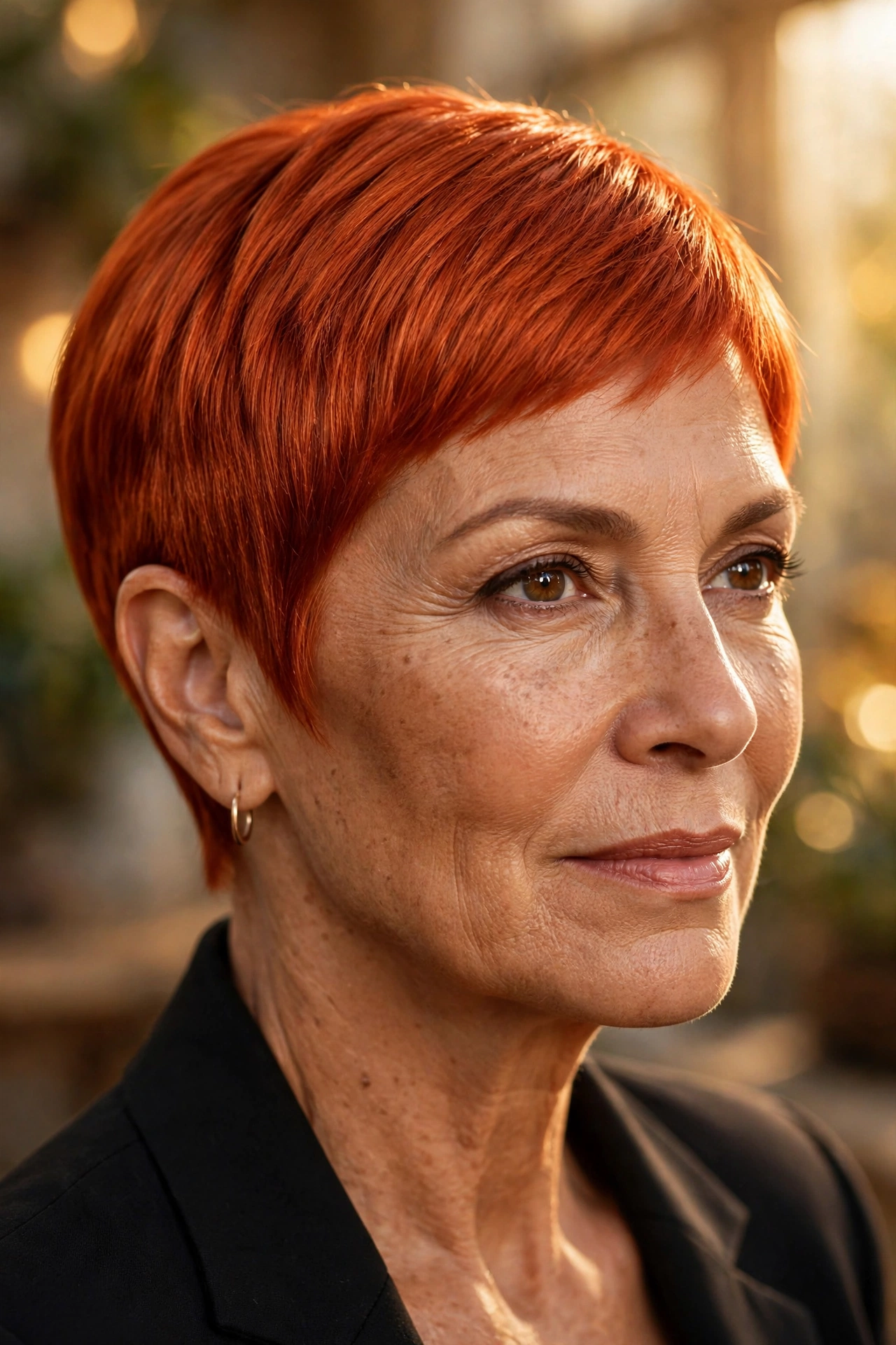 Bold copper-red pixie on a woman over 50