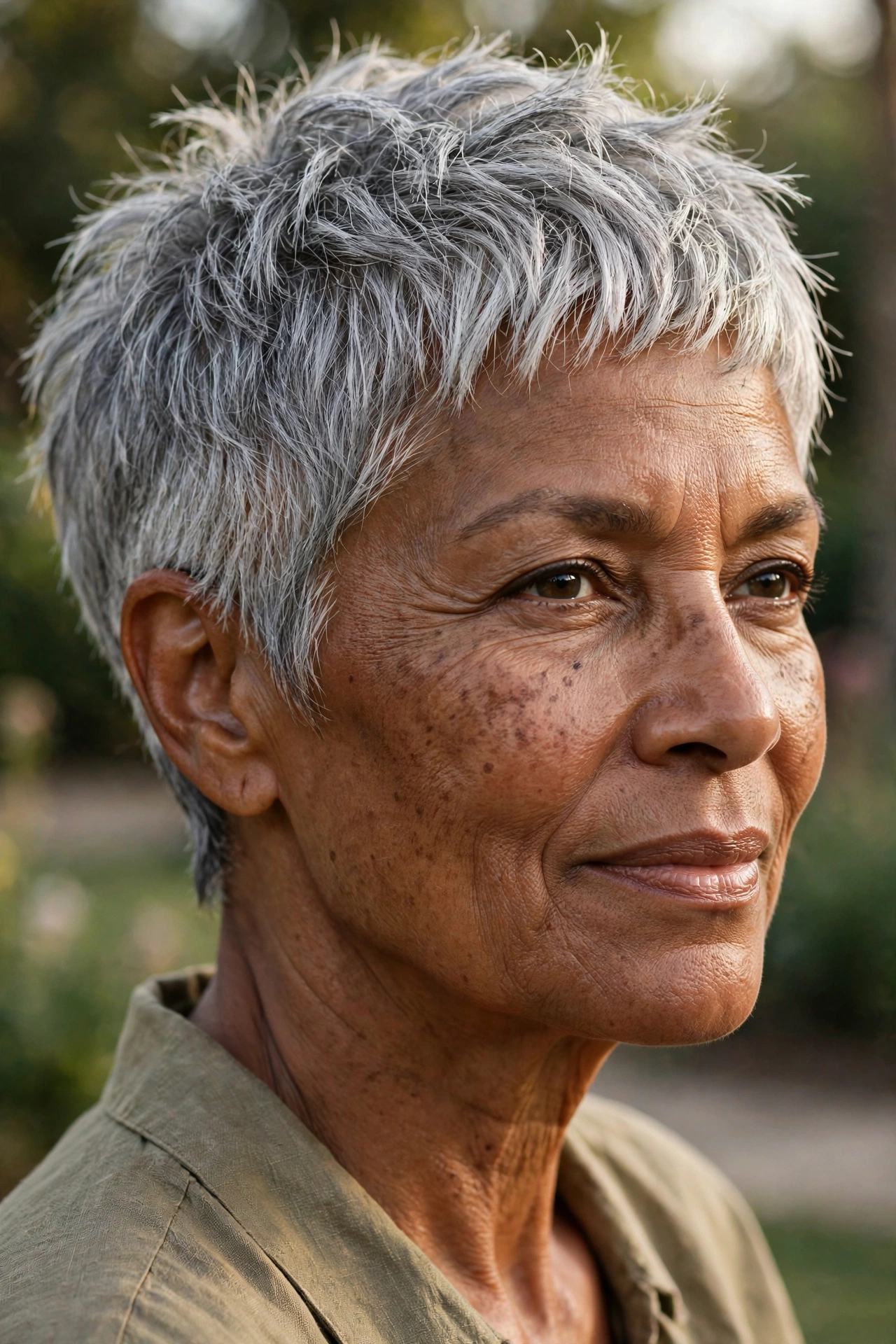 Textured natural grey pixie on a woman over 50