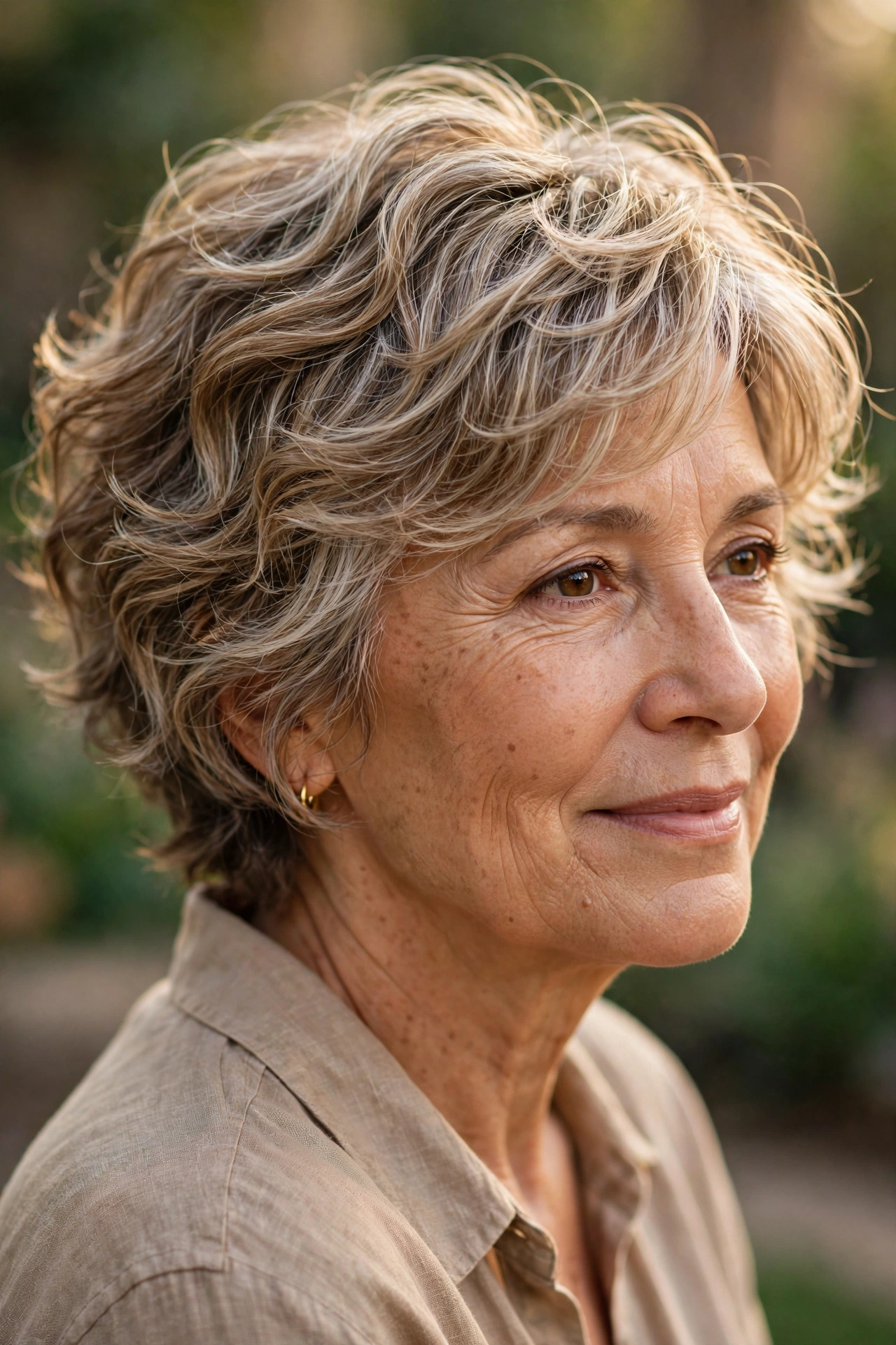 Pixie with soft curl movement on a woman over 50, wavy dark blonde hair