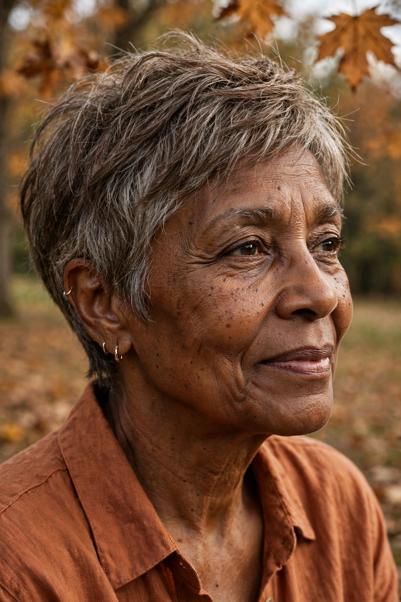 Low-effort natural fall pixie on a woman over 50