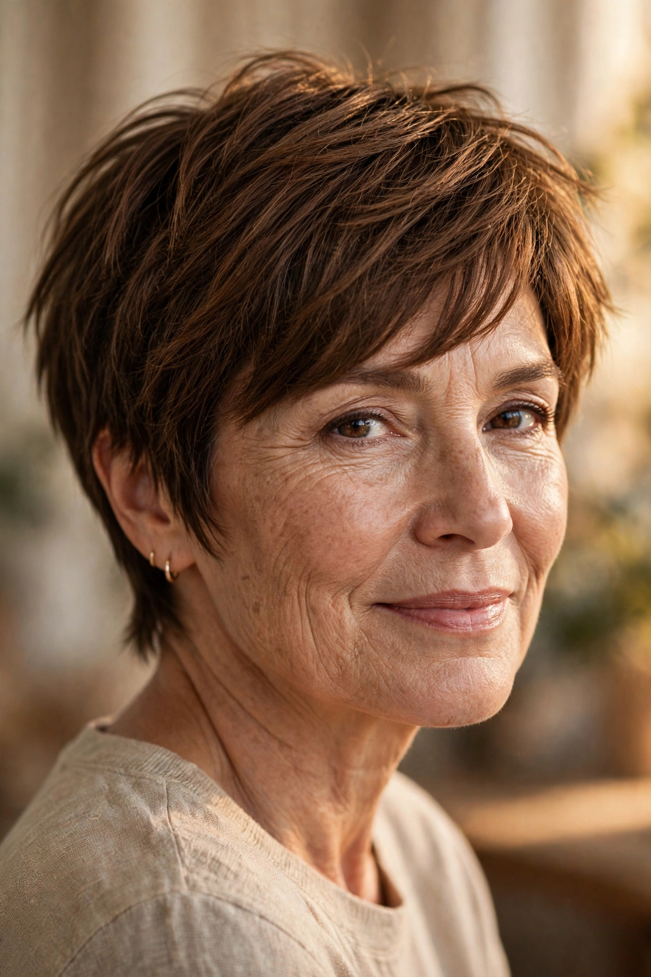 Choppy asymmetric pixie on a woman over 50 with a square face shape