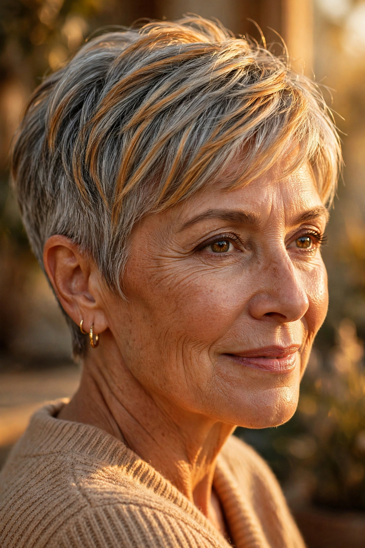 Pixie with warm toning highlights through grey hair on a woman over 50