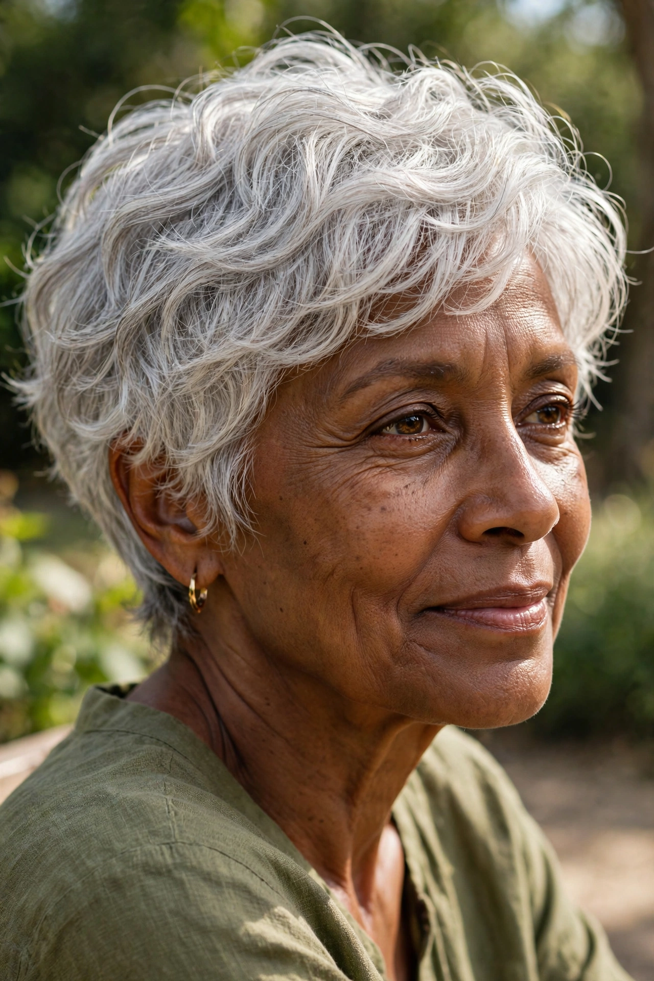 Wavy silver pixie with natural texture on a woman over 50