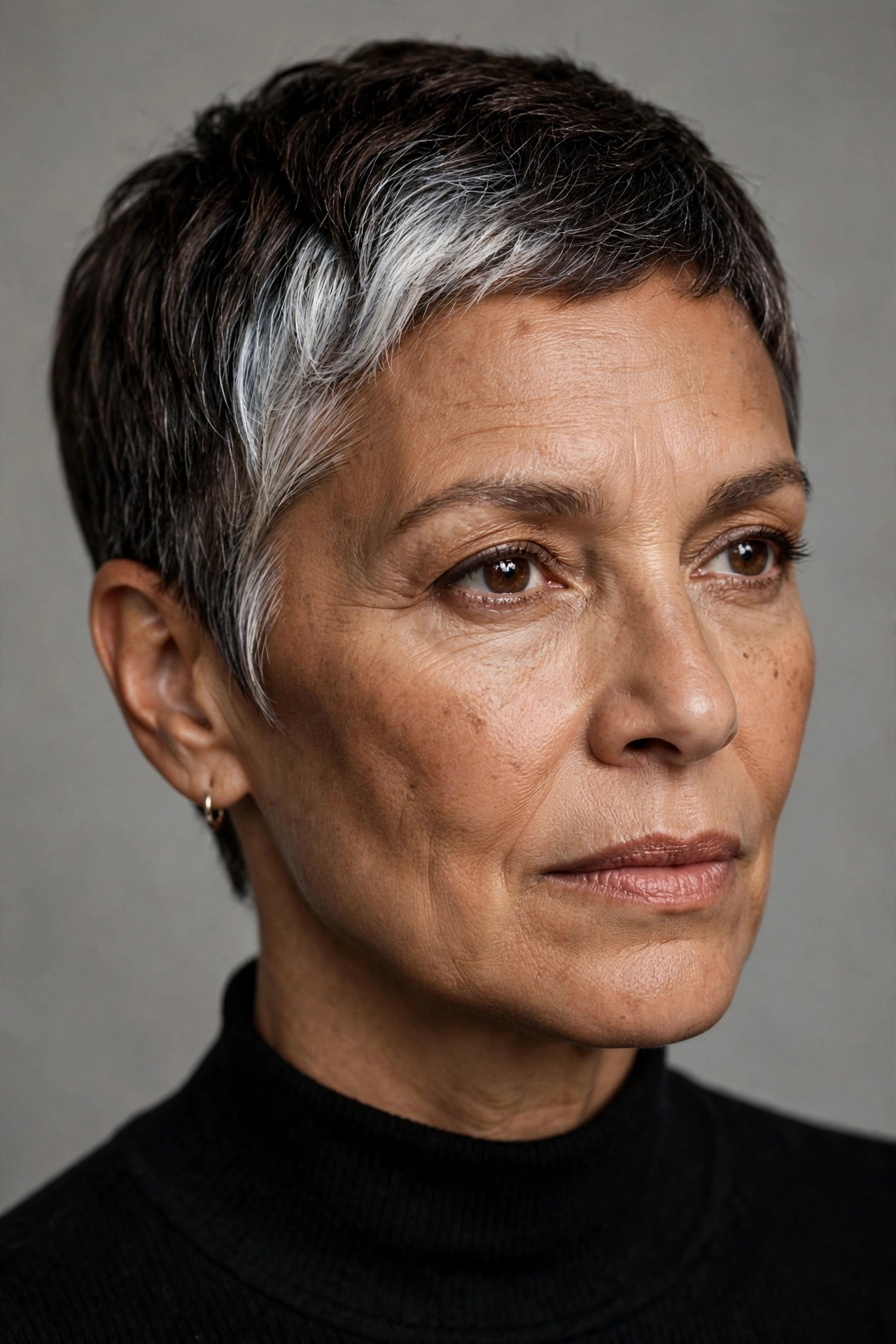 Defined silver streak pixie on a woman over 50 with dark brown base