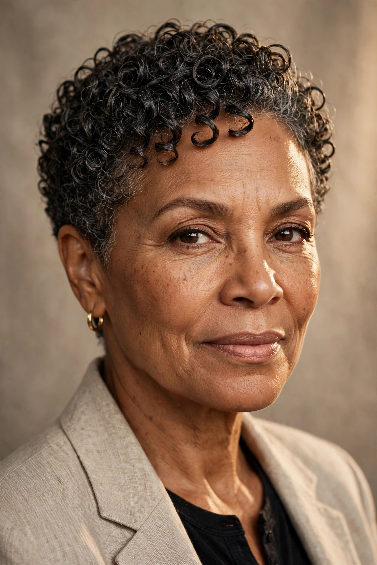 Short crop with defined curls on a woman over 50
