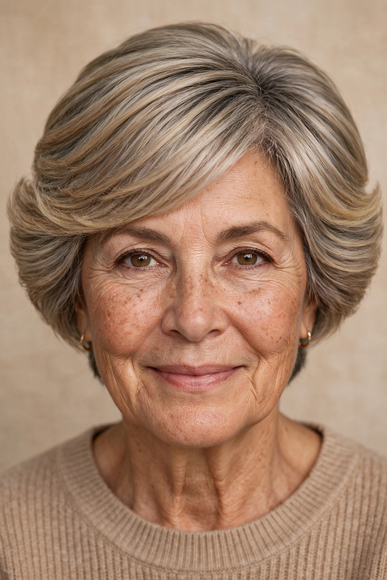 Side-volume pixie on a woman over 50 with an oblong face shape