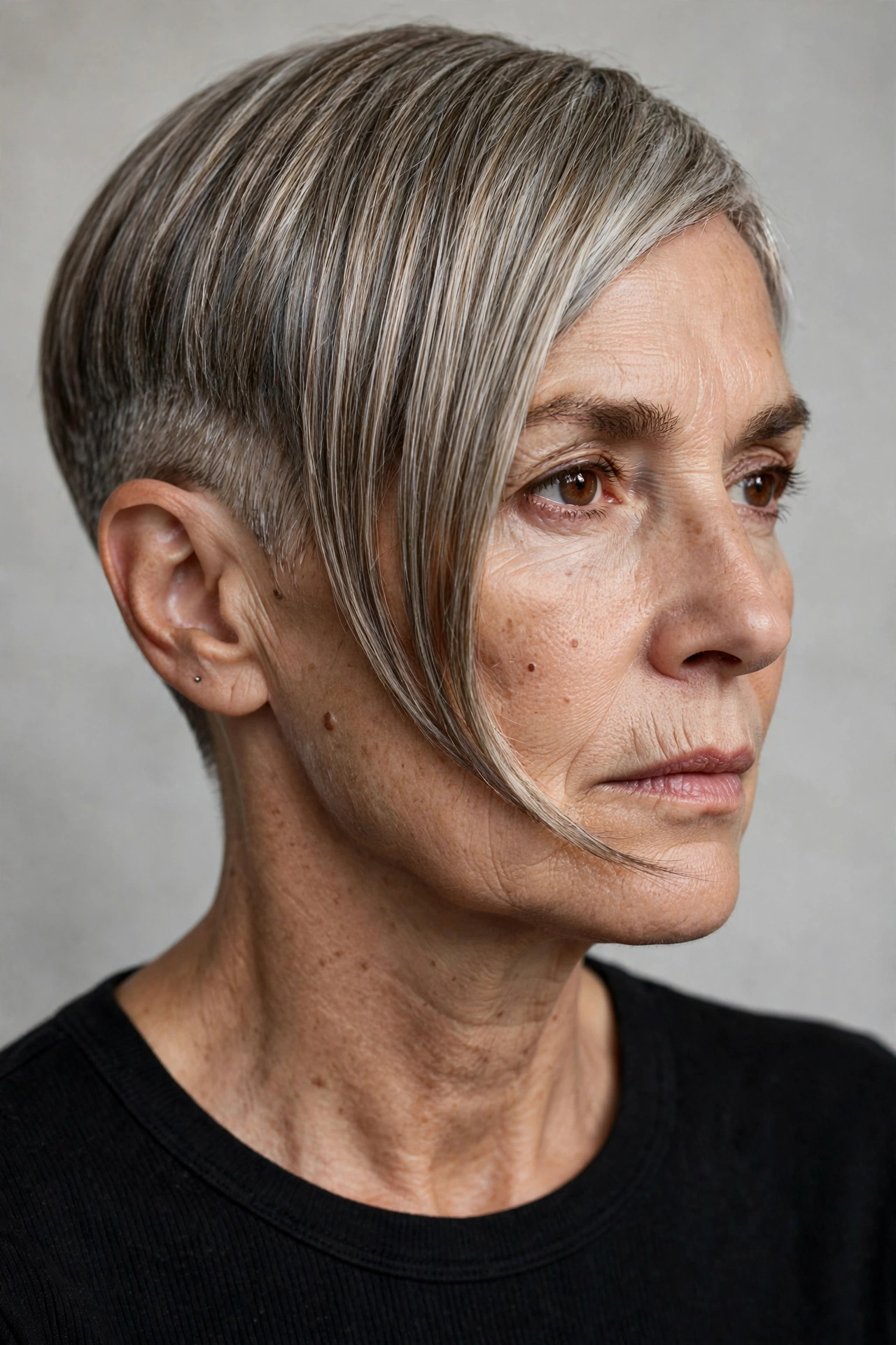 Asymmetric pixie with long side piece on a woman over 50