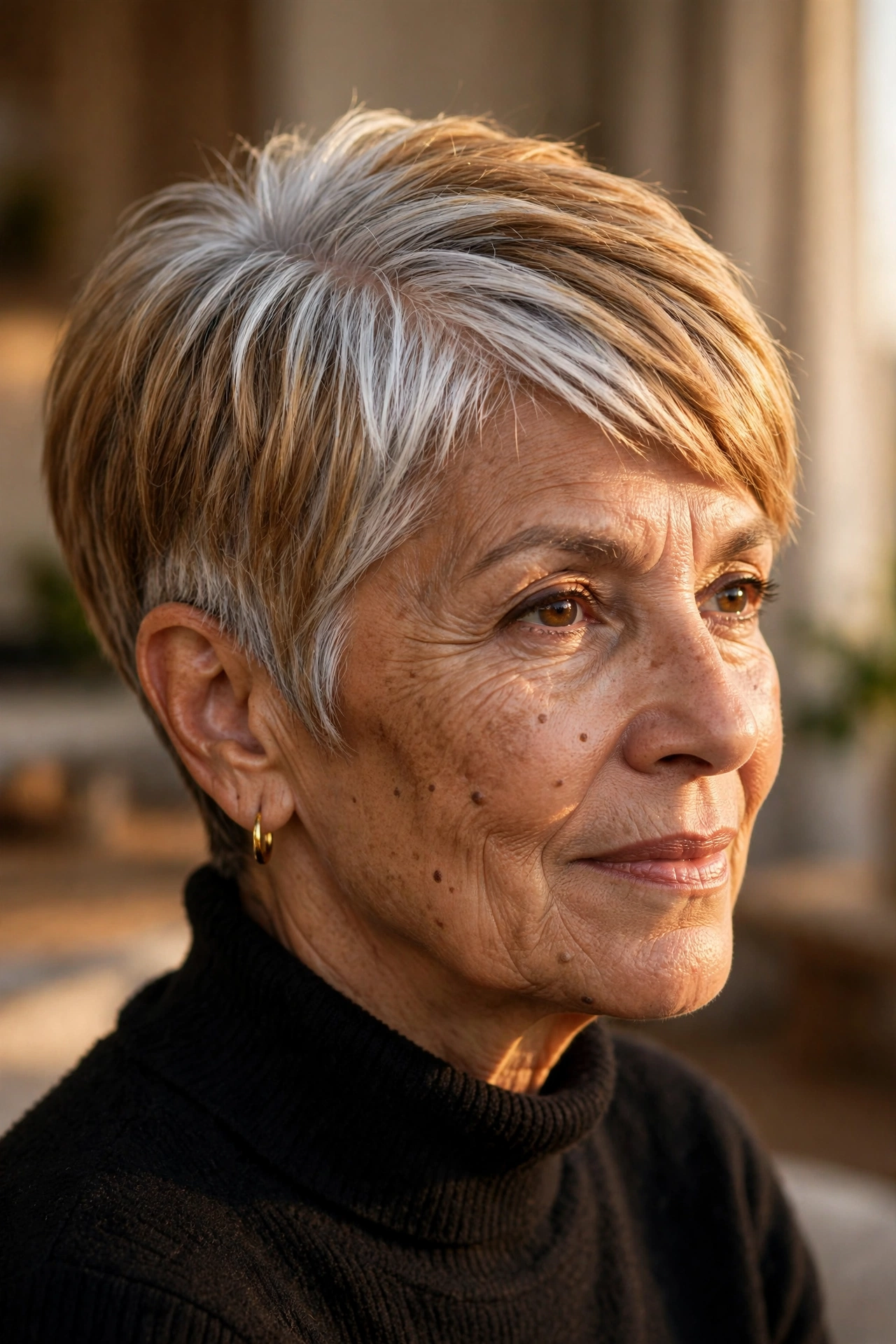 Pixie with defined silver root on a woman over 50