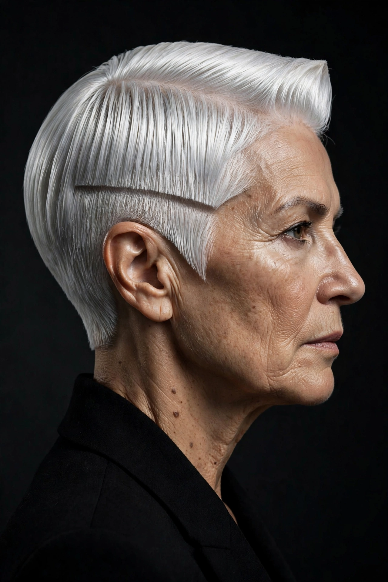 Clean architectural silver pixie on a woman over 50, profile view