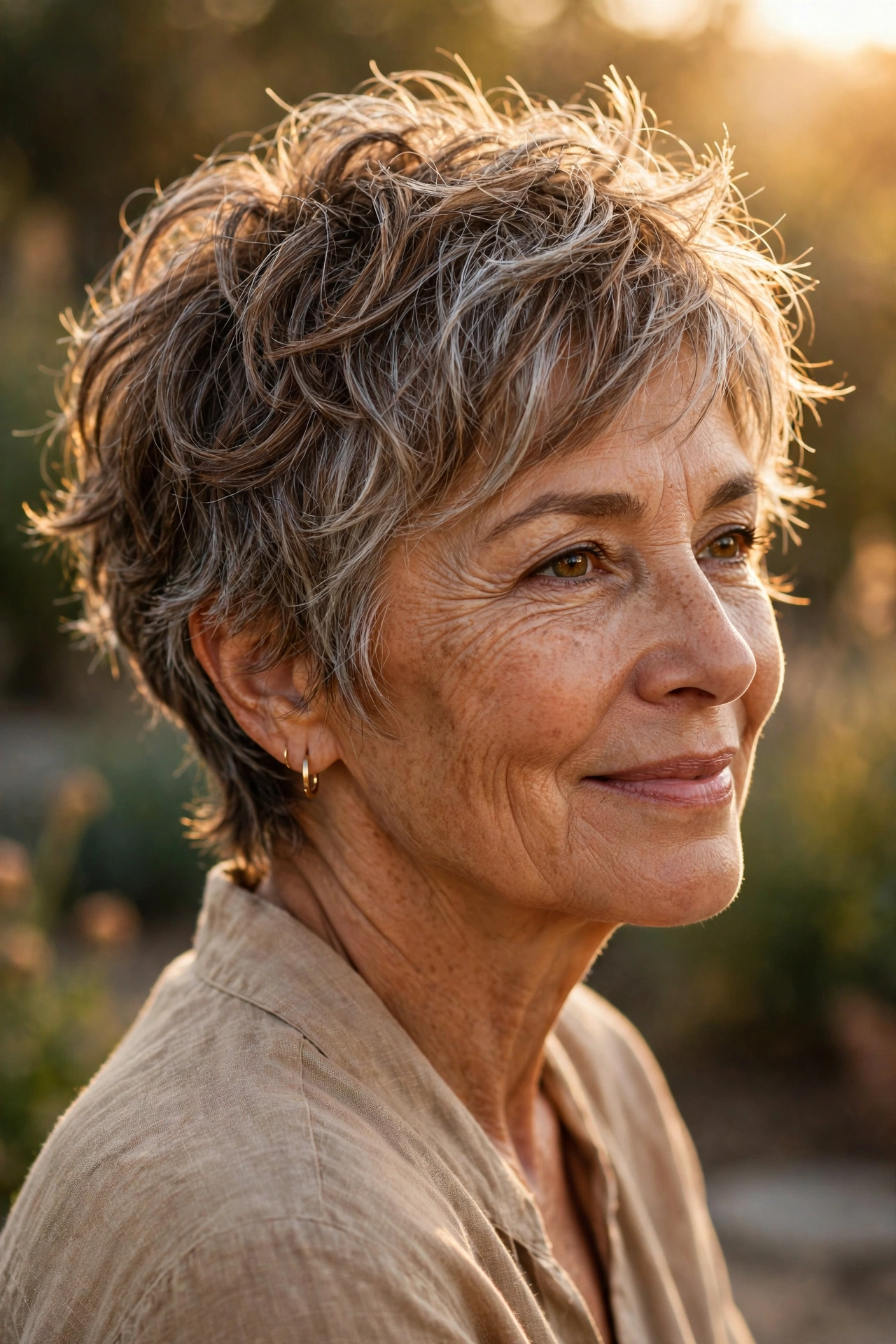 Boho-textured pixie on a woman over 50 with brown and silver hair