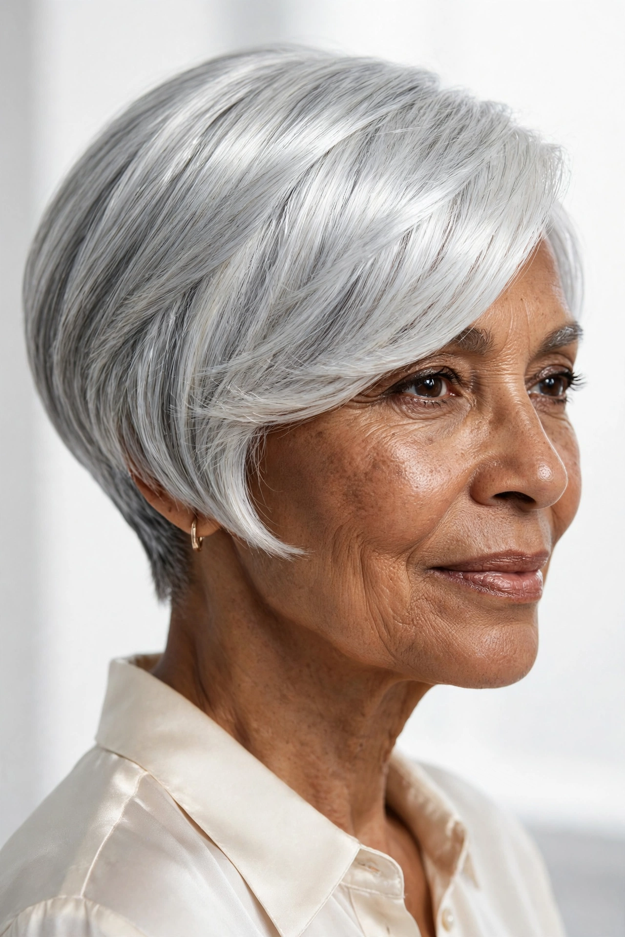 Glossy silver bob-pixie hybrid on a woman over 50