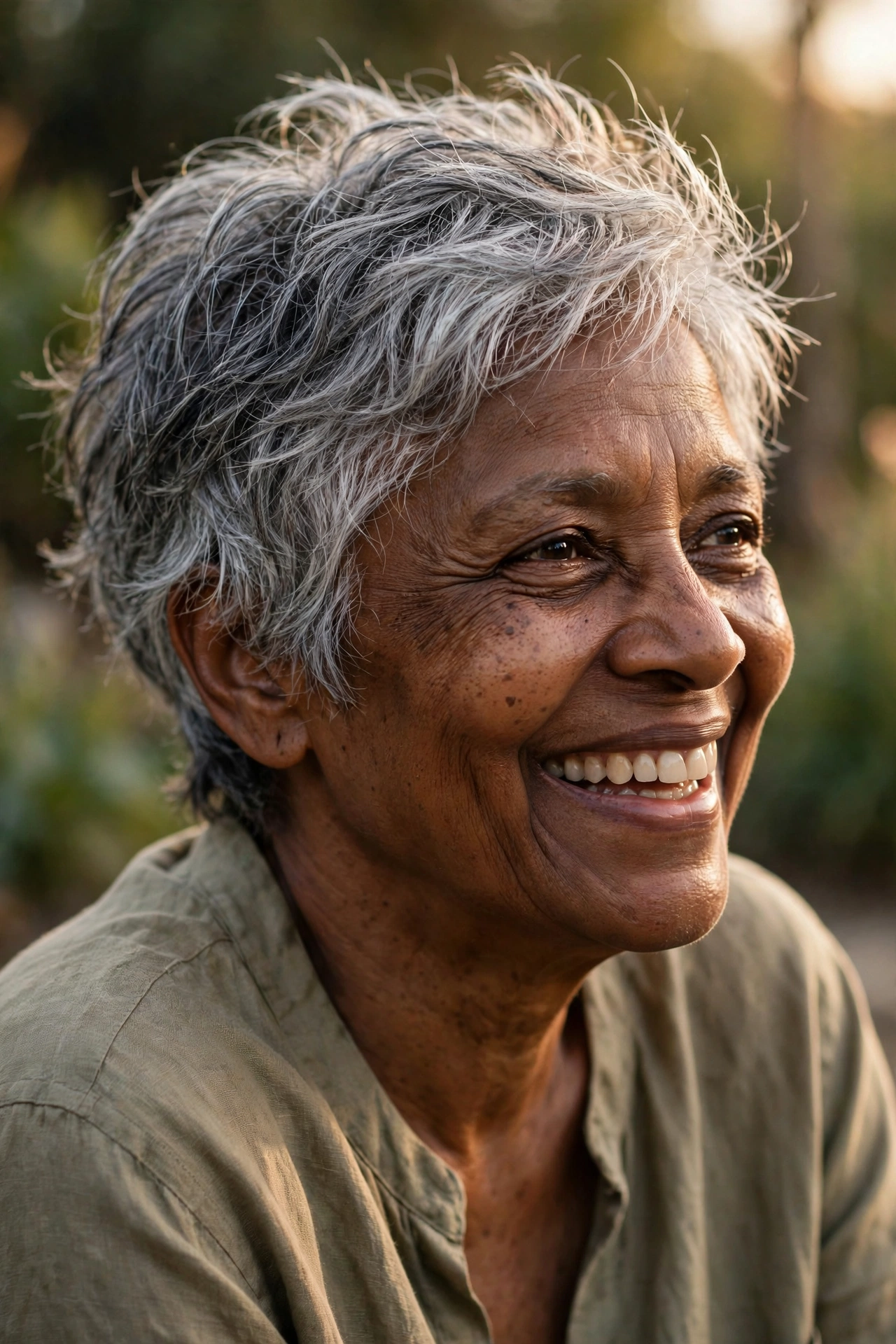 Free-spirited natural salt-and-pepper pixie on a woman over 50