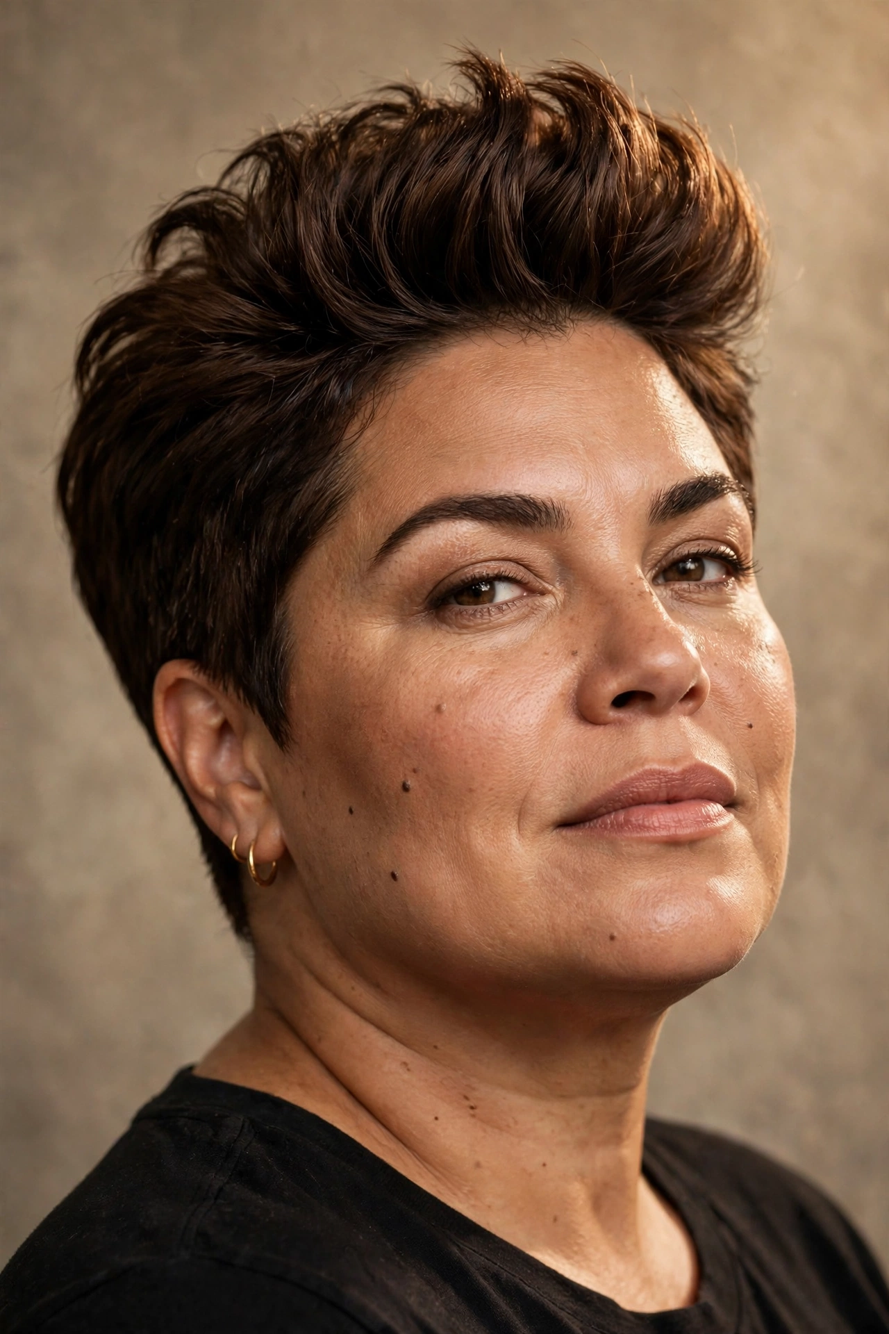 Crown-height tapered pixie on a confident plus size woman with dark brown hair