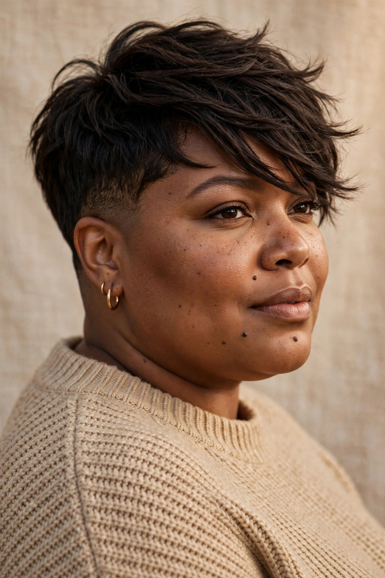 Textured side-swept pixie with diagonal sweep on a plus size woman