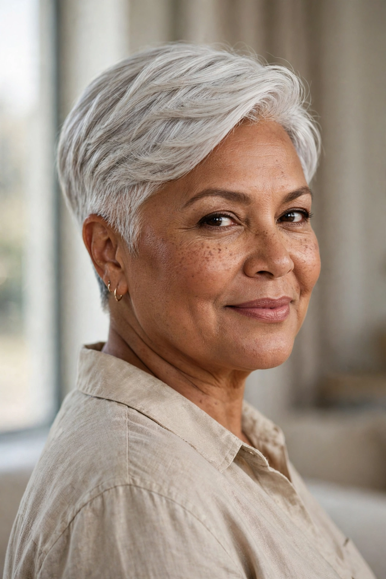 Soft silver taper pixie on a plus size woman over 50
