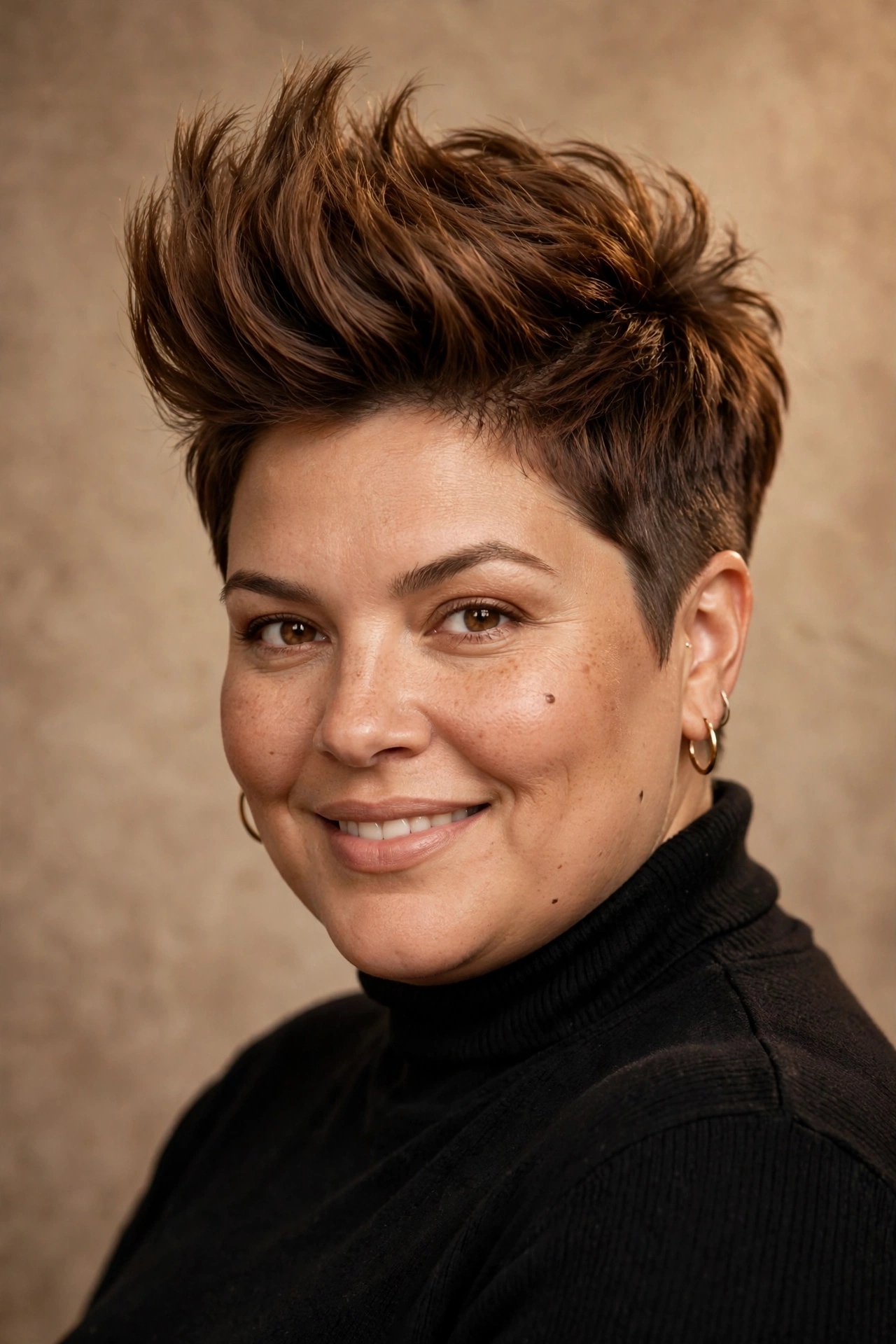 Pixie with voluminous front quiff on a plus size woman