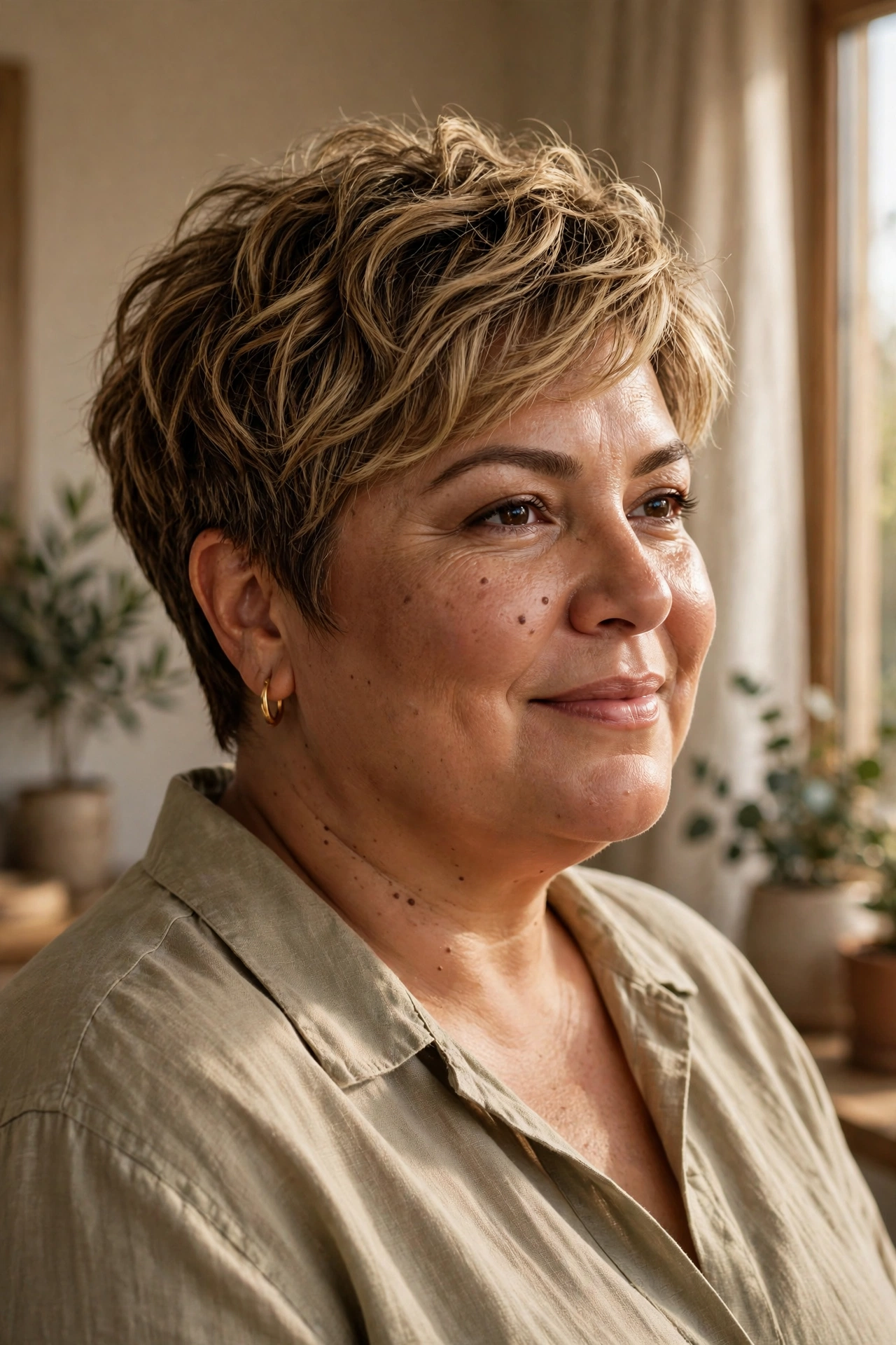 Wavy textured pixie with natural movement on a plus size woman